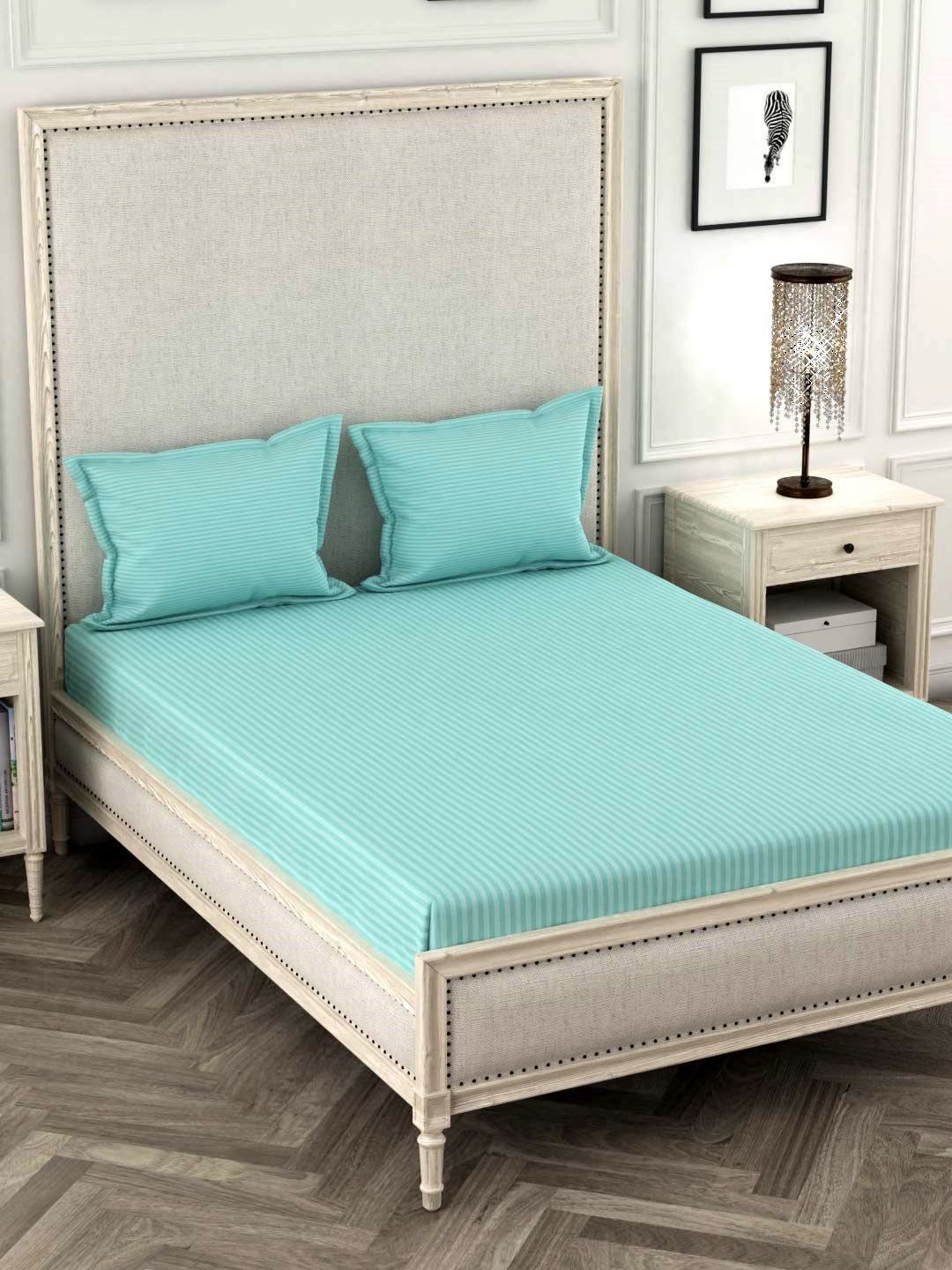 URBAN SPACE Turquoise Blue Striped 300 TC Cotton 1 King Bedsheet with 2 Pillow Covers Price in India