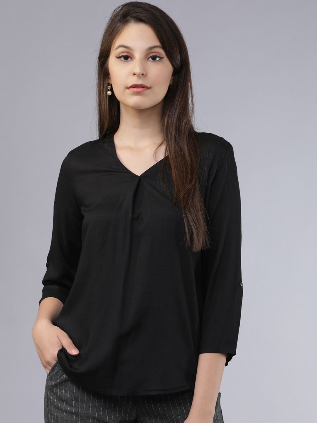 Tokyo Talkies Black V-Neck Top With Roll-Up Sleeves Price in India
