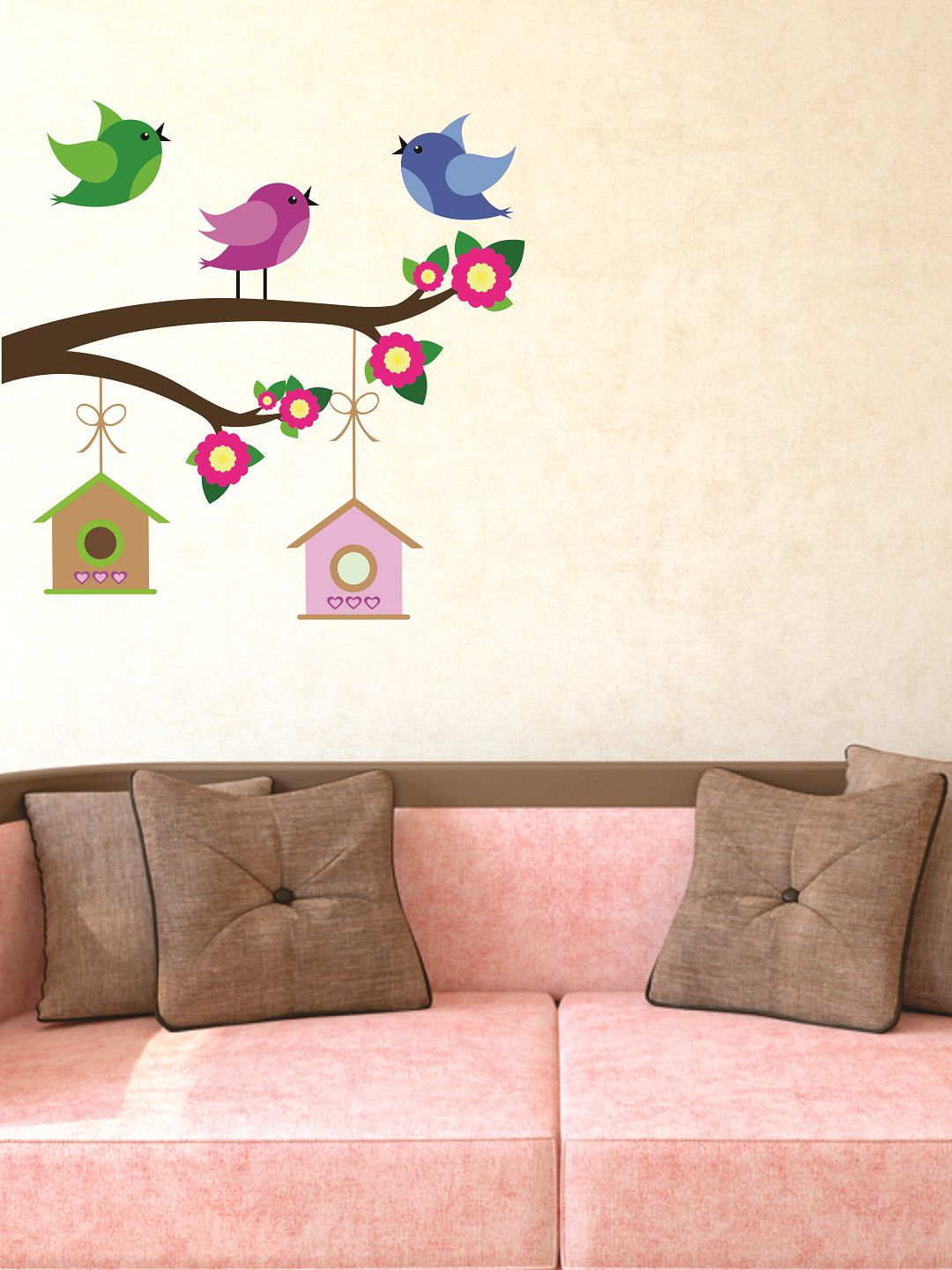 WALLSTICK Brown & Green Birds On The Tree Large Vinyl Wall Sticker Price in India