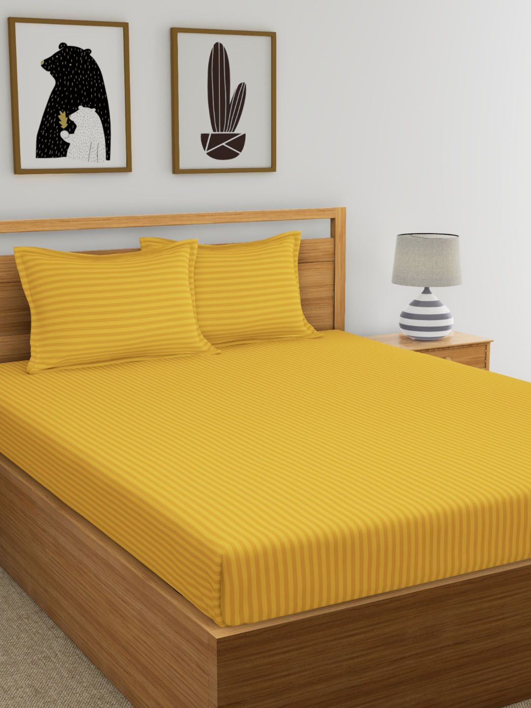 URBAN SPACE Mustard Yellow Striped 300 TC Cotton 1 King Bedsheet with 2 Pillow Covers Price in India