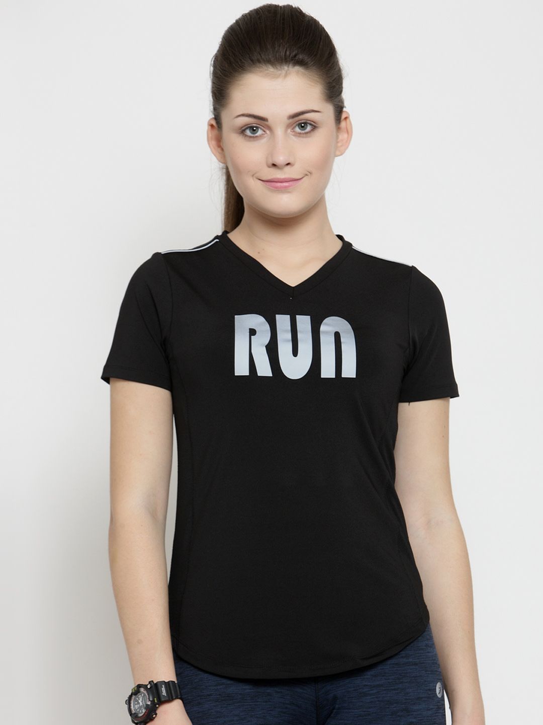 BUKKUM Women Black Printed V-Neck T-shirt Price in India