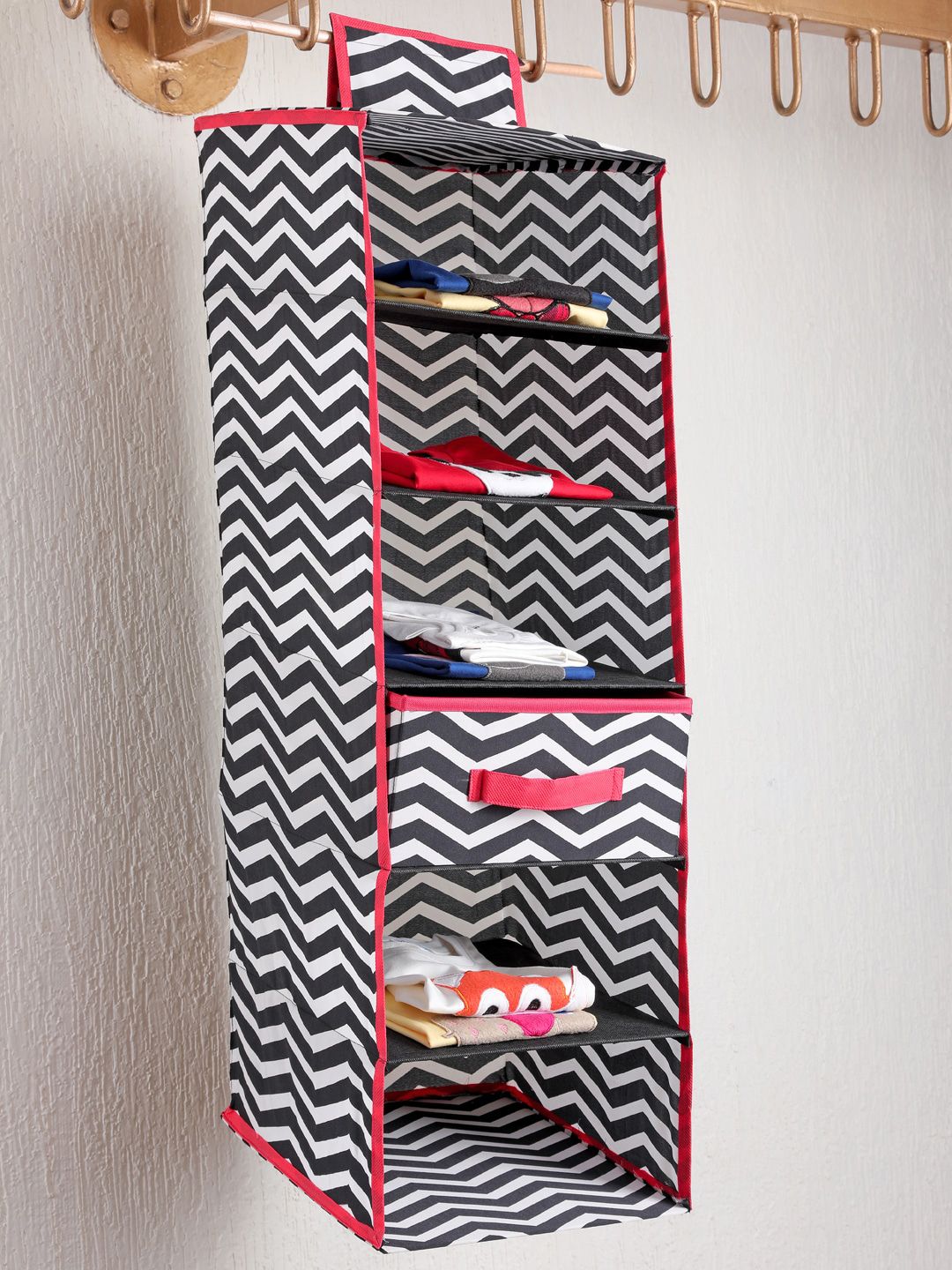 My Gift Booth Black & White Zig Zag Printed Hanging Foldable Wardrobe Organiser Price in India
