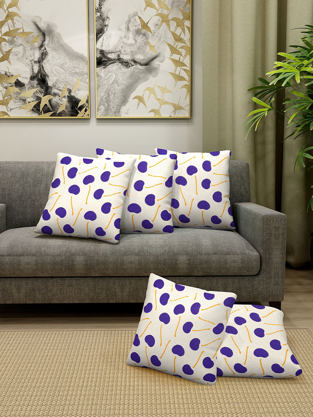 KLOTTHE Set of 5 Purple & Off-White Printed Square Cushions with Cover Price in India