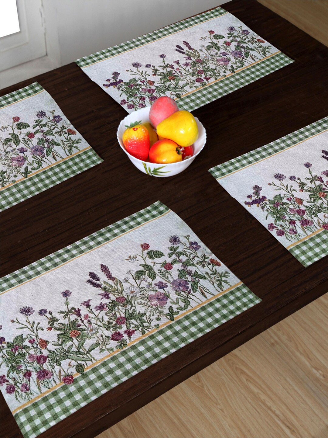 AVI Living Set of 4 Pink & Green Jaquard Woven Bloom Table Mats Price in India