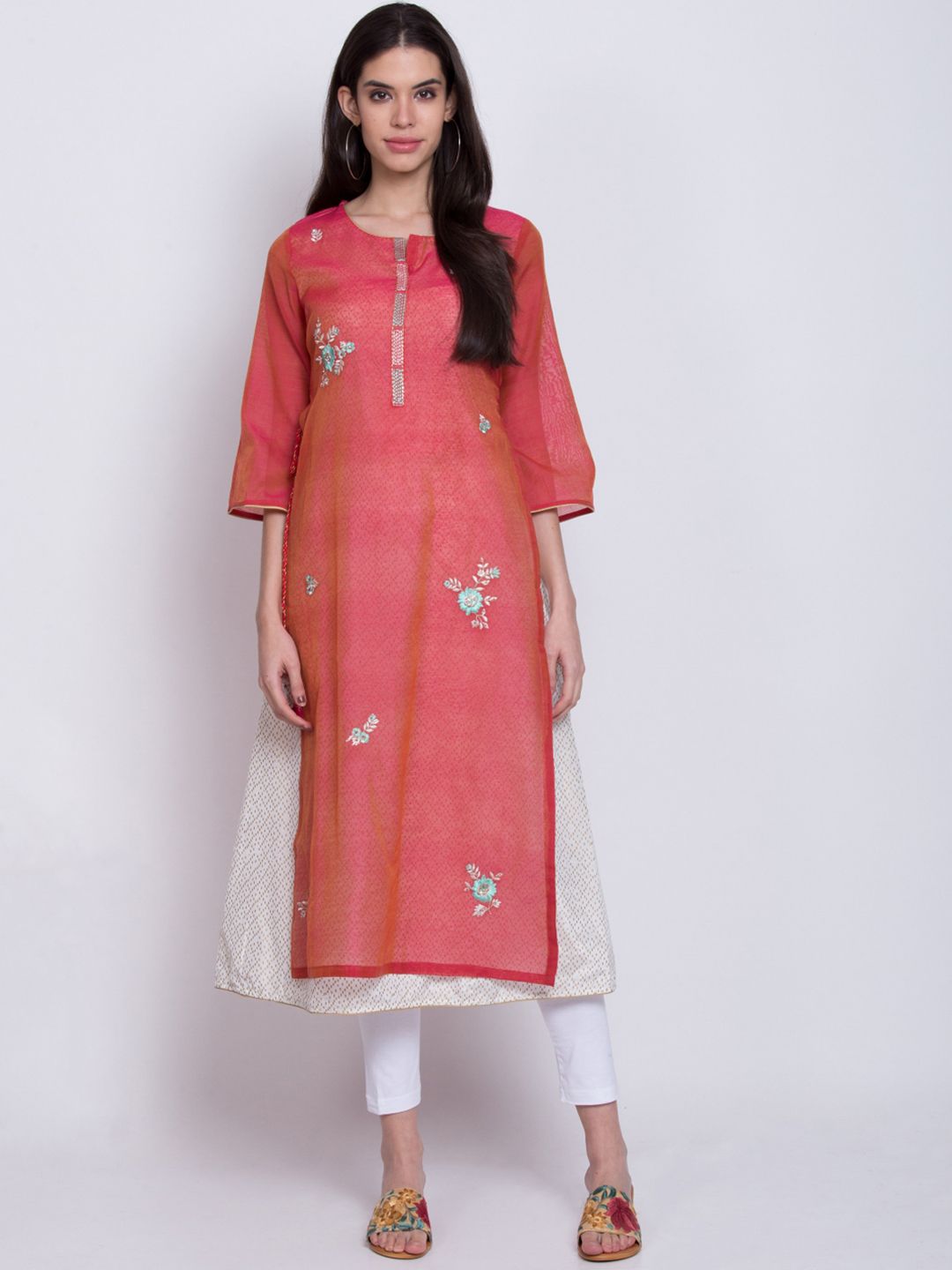 Biba Women Pink & White Embroidered Layered A-Line Kurta Price in India