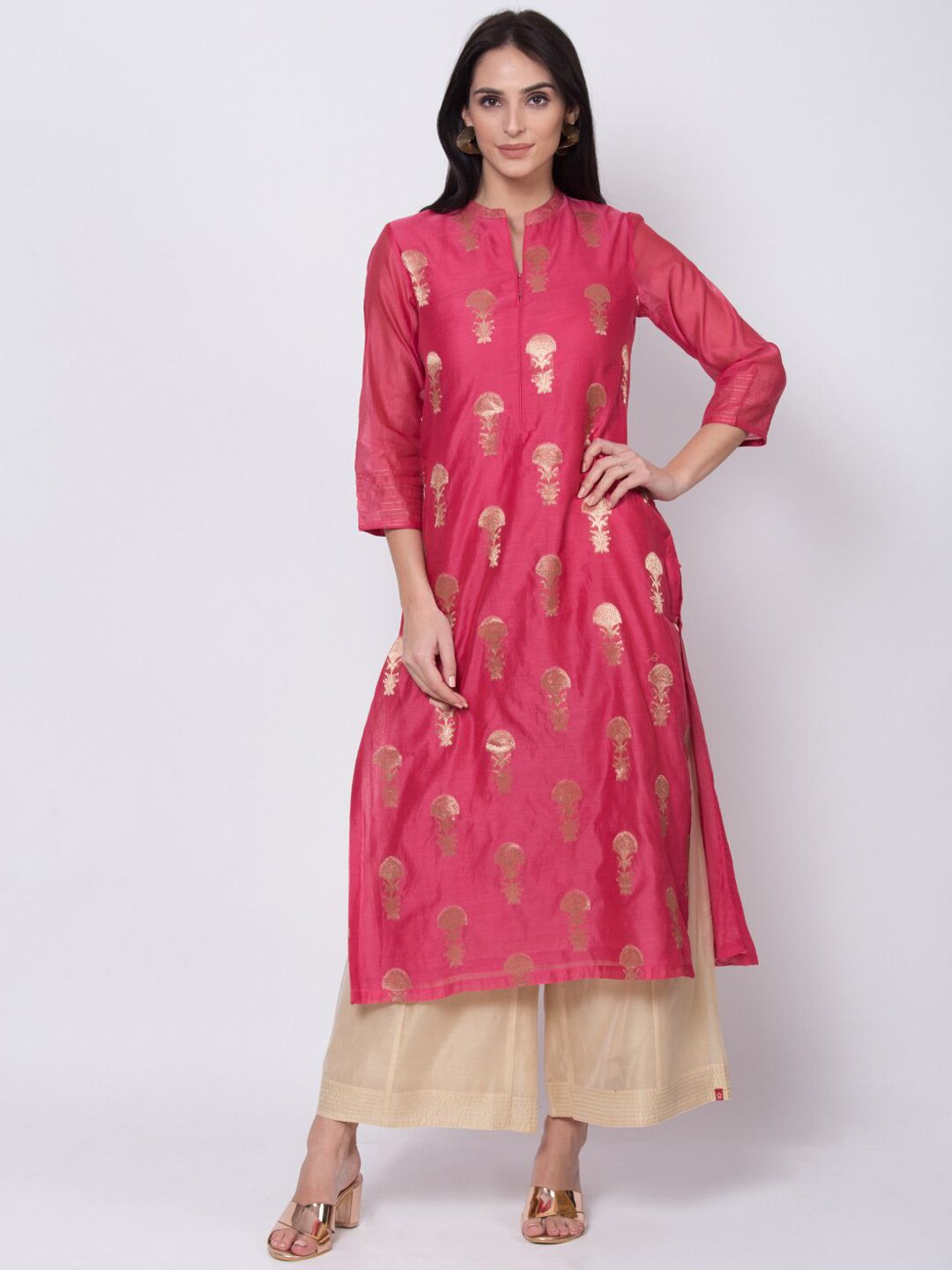 Biba Women Pink & Gold-Coloured Embroidered Straight Kurta