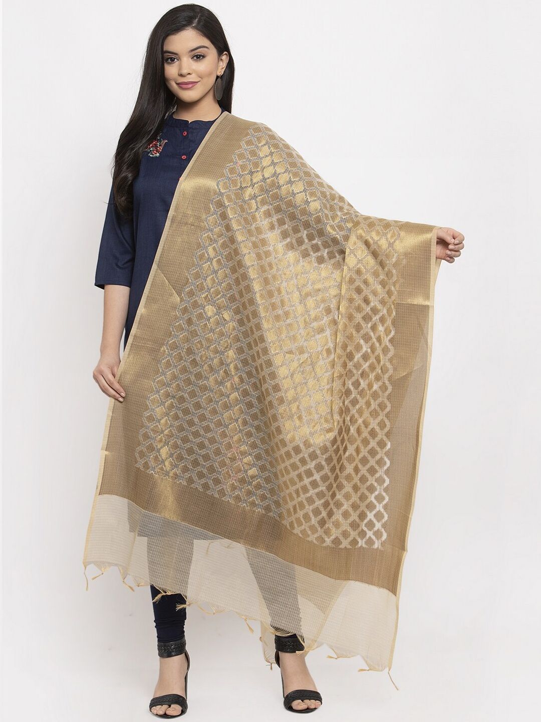 LOOM LEGACY Gold-Toned Woven Design Banarsi Jacquard Dupatta Price in India