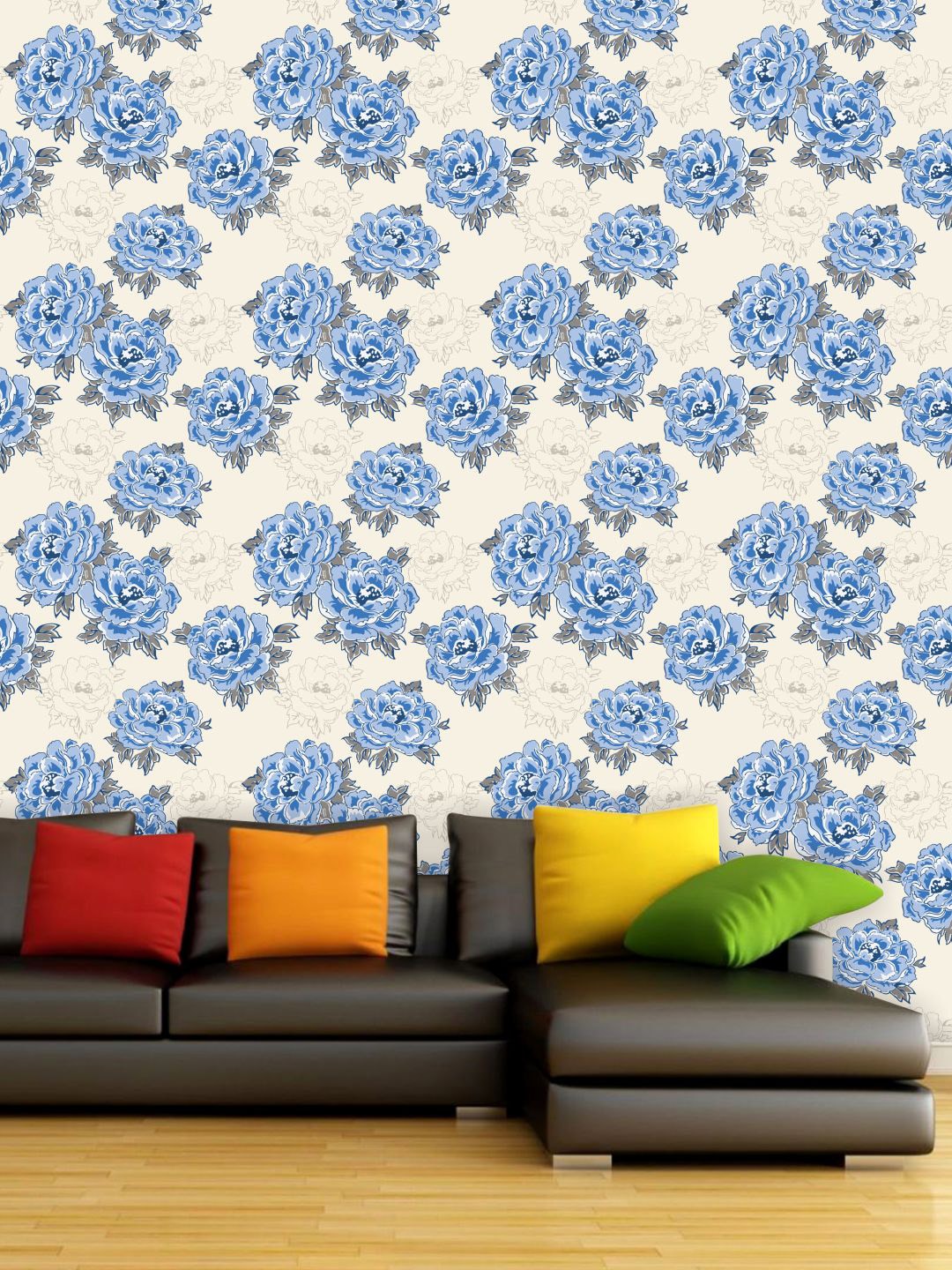 PAPER PLANE DESIGN Beige & Blue Floral Waterproof Vinyl Wallpaper Price in India