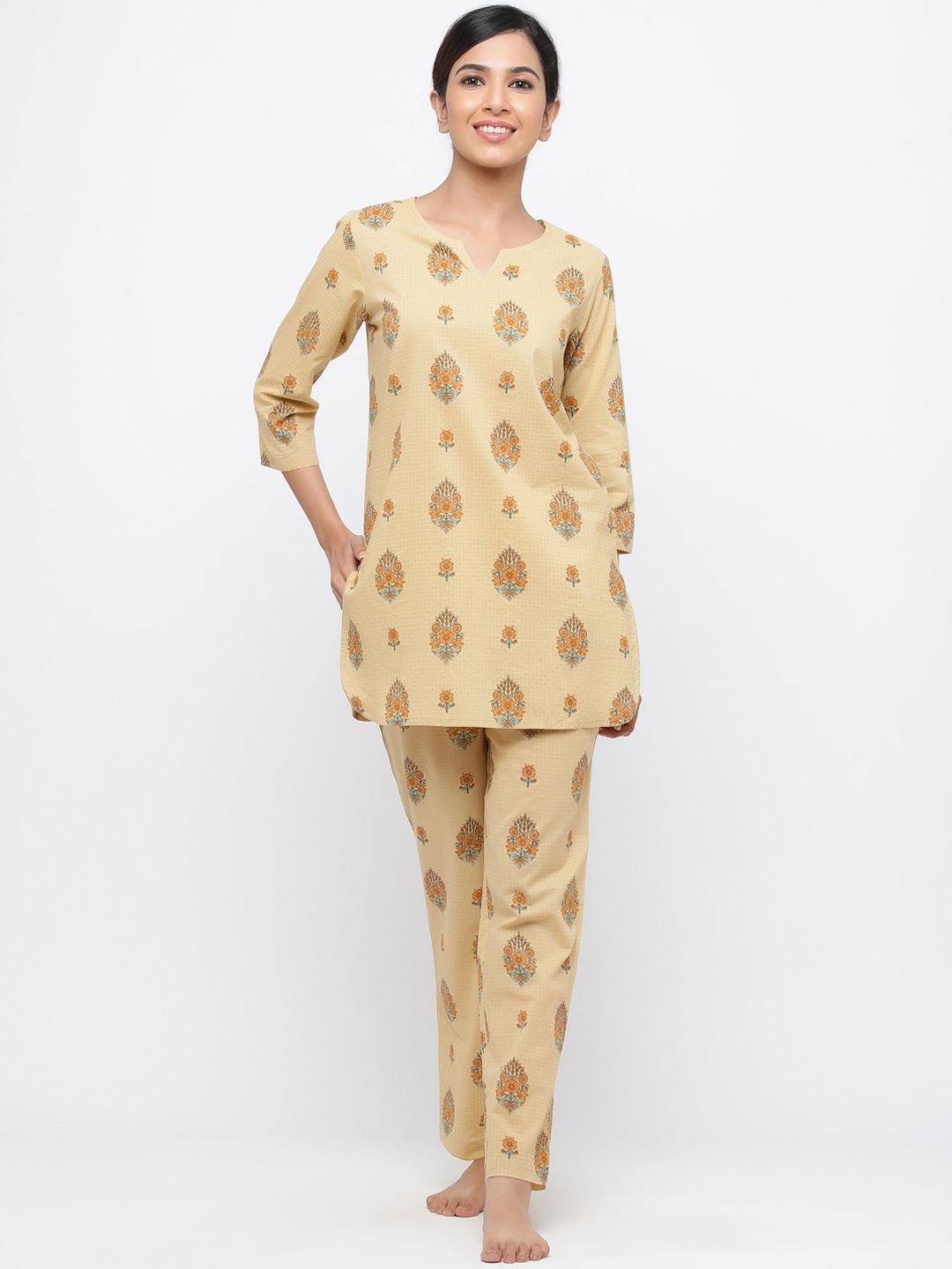 Jaipur Kurti Women Beige & Green Printed Night suit Price in India
