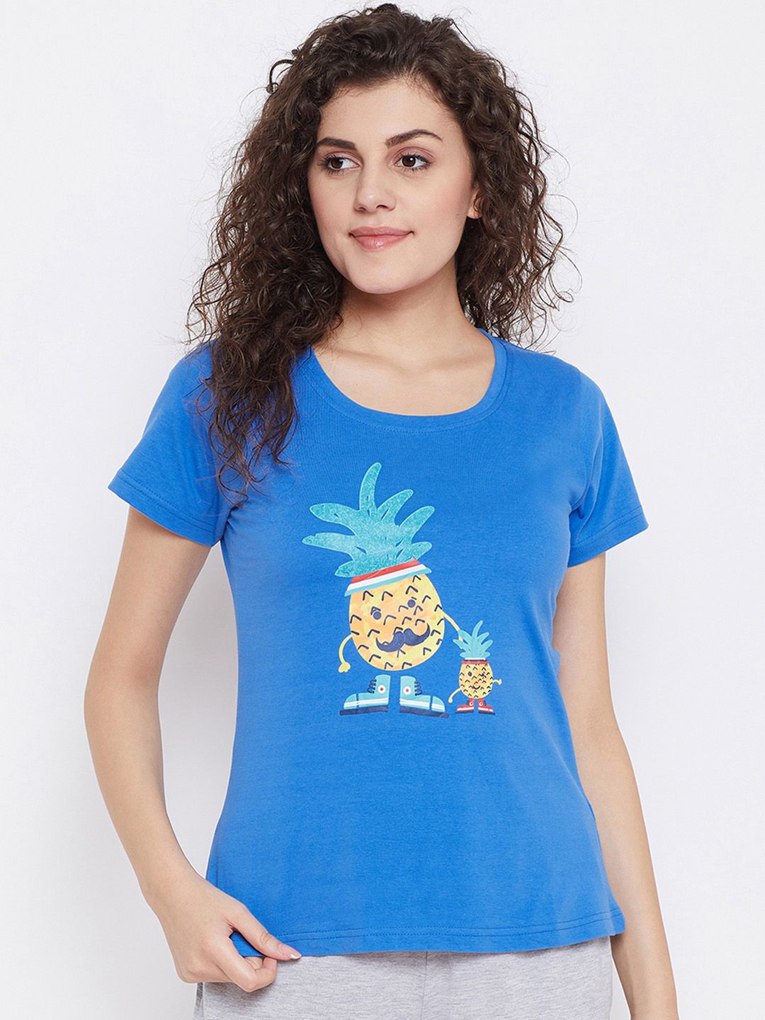 Clovia Women Blue & Yellow Printed Lounge T-Shirt Price in India