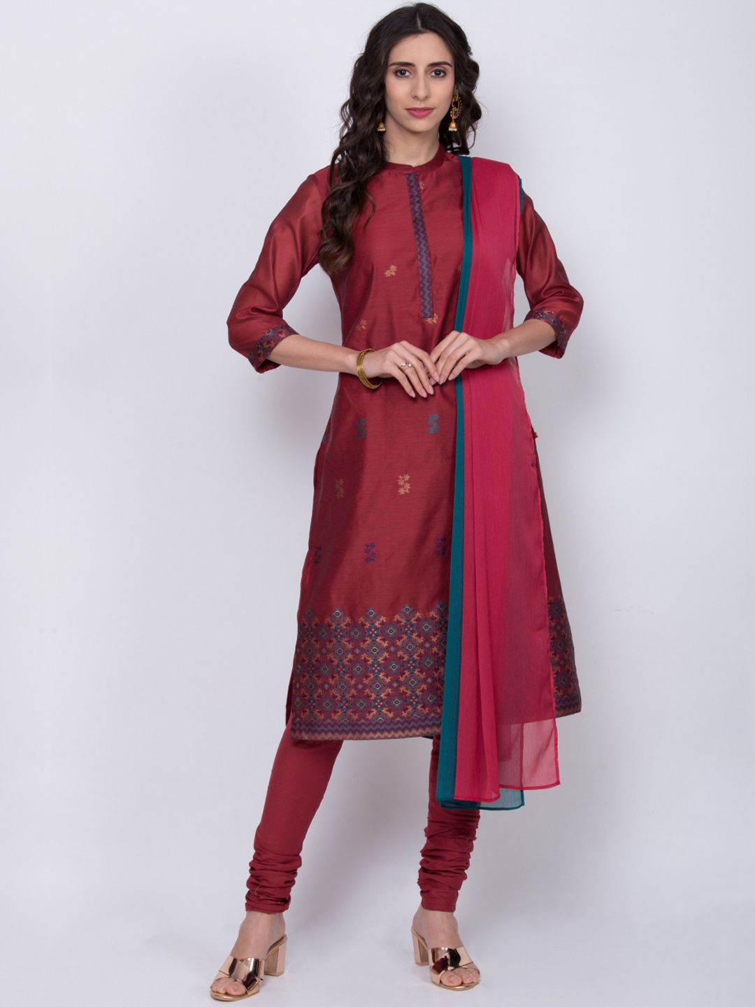 Biba Women Maroon Embroidered Kurta with Churidar & Dupatta