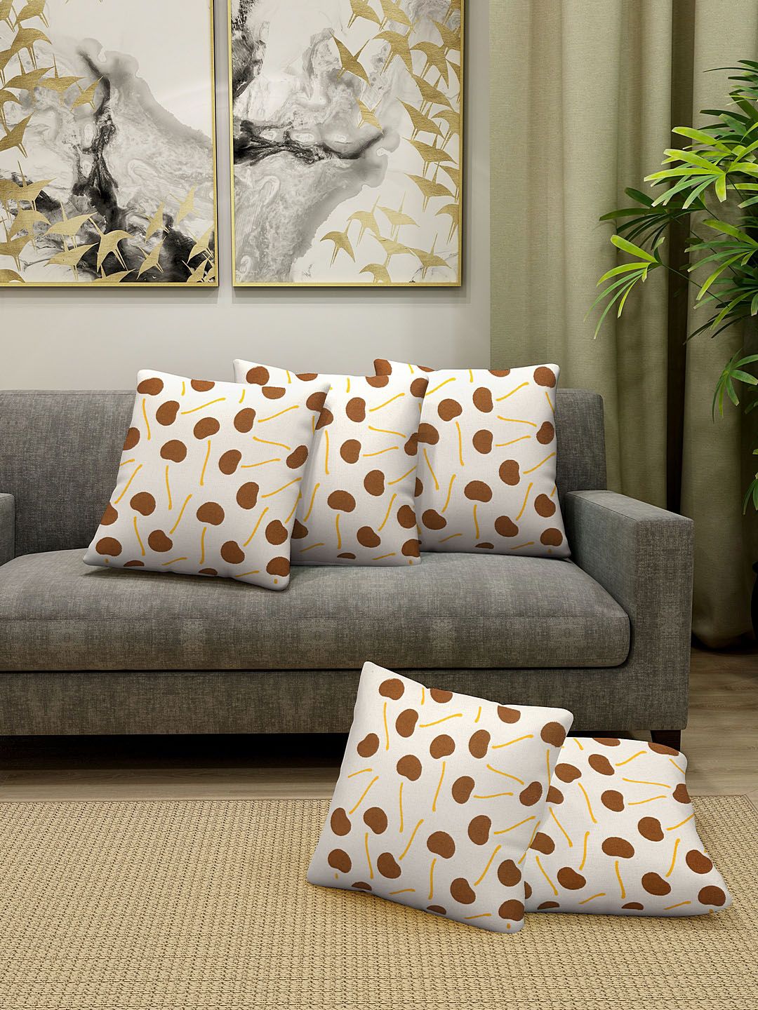 KLOTTHE Set of 5 Brown & Off-White Printed Square Cushions Price in India