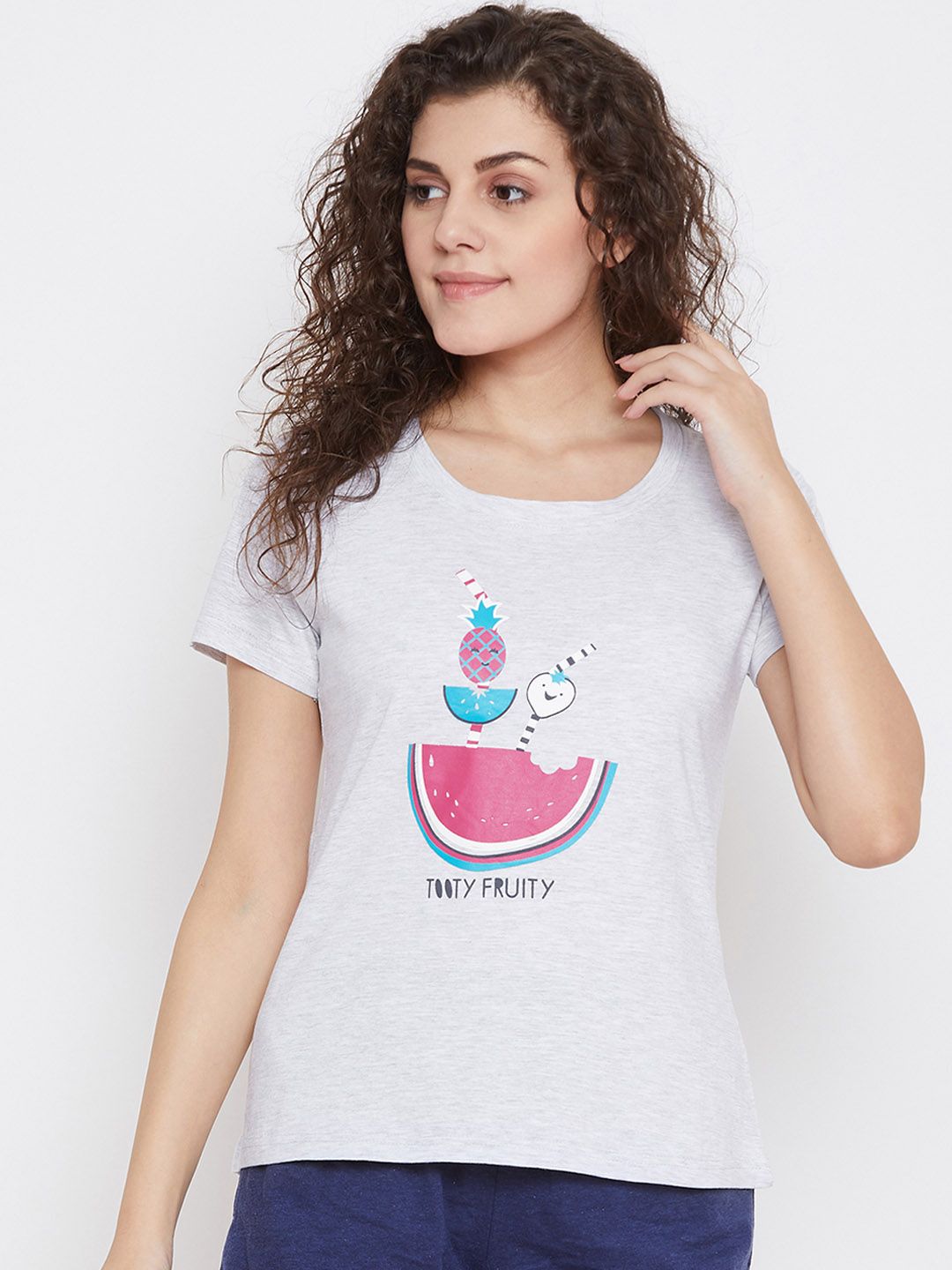 Clovia Women Grey & Pink Printed Lounge T-shirt Price in India