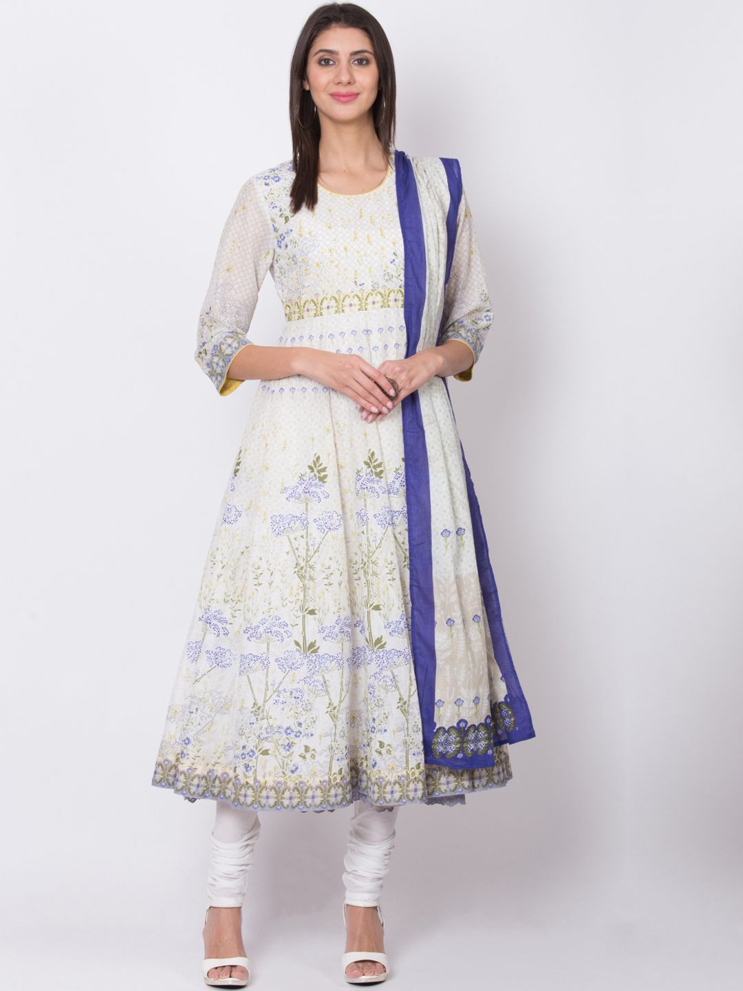 Biba Women Off-White Printed Kurta with Churidar & Dupatta