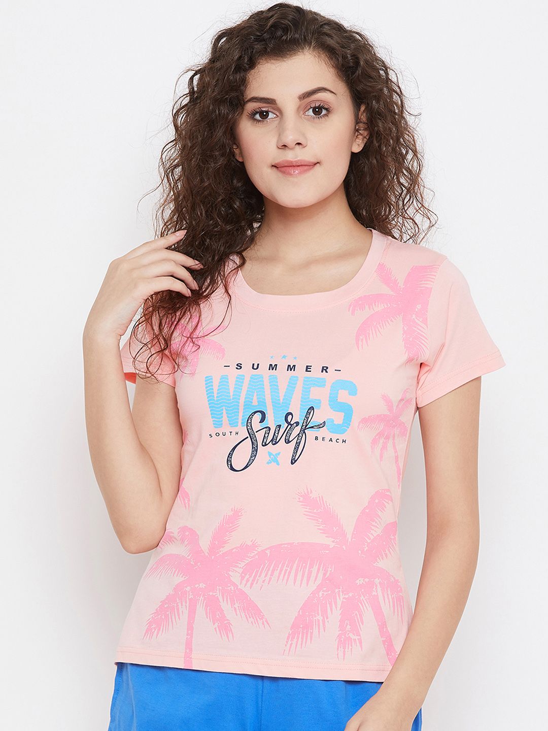 Clovia Women Pink & Blue Floral Printed Lounge T-shirt Price in India
