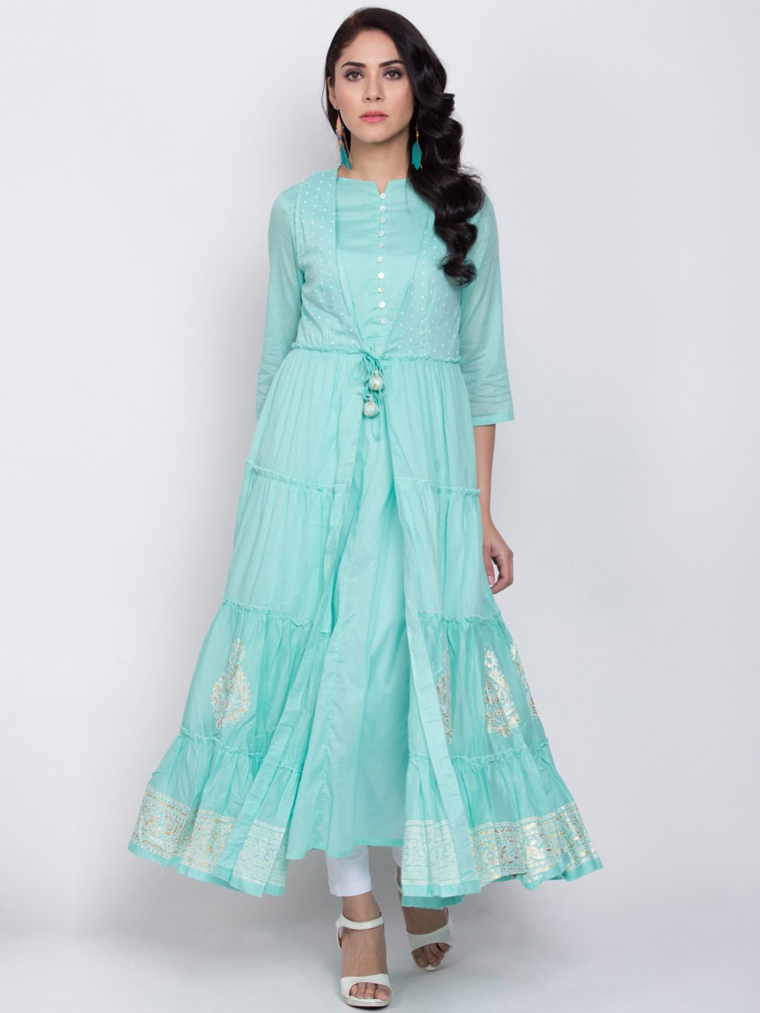 Biba Women Turquoise Blue & Beige Printed A-Line Kurta Price in India