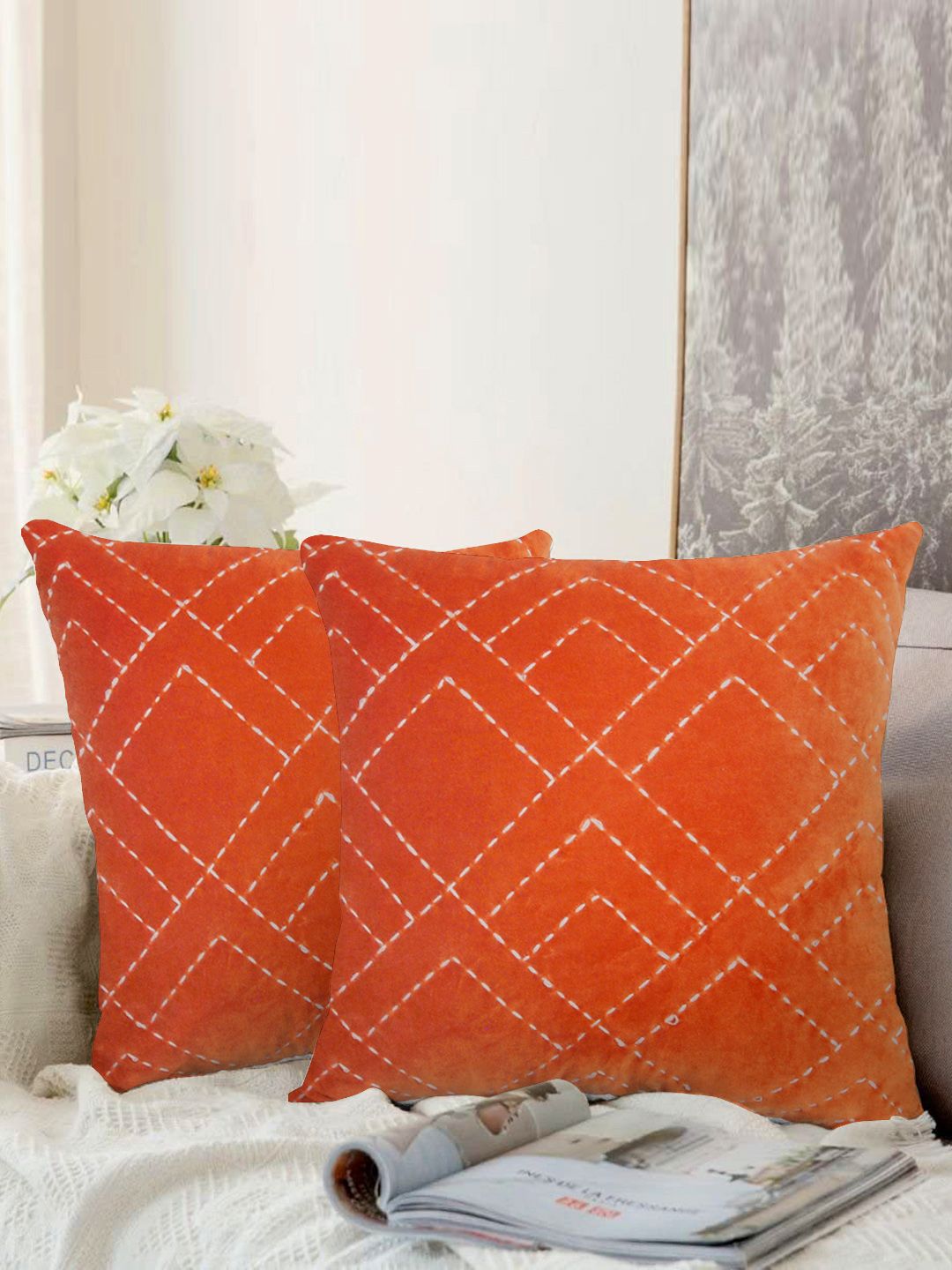 aRDENMEAD Set of 2 Rust Orange Embroidered Square Cushion Covers Price in India