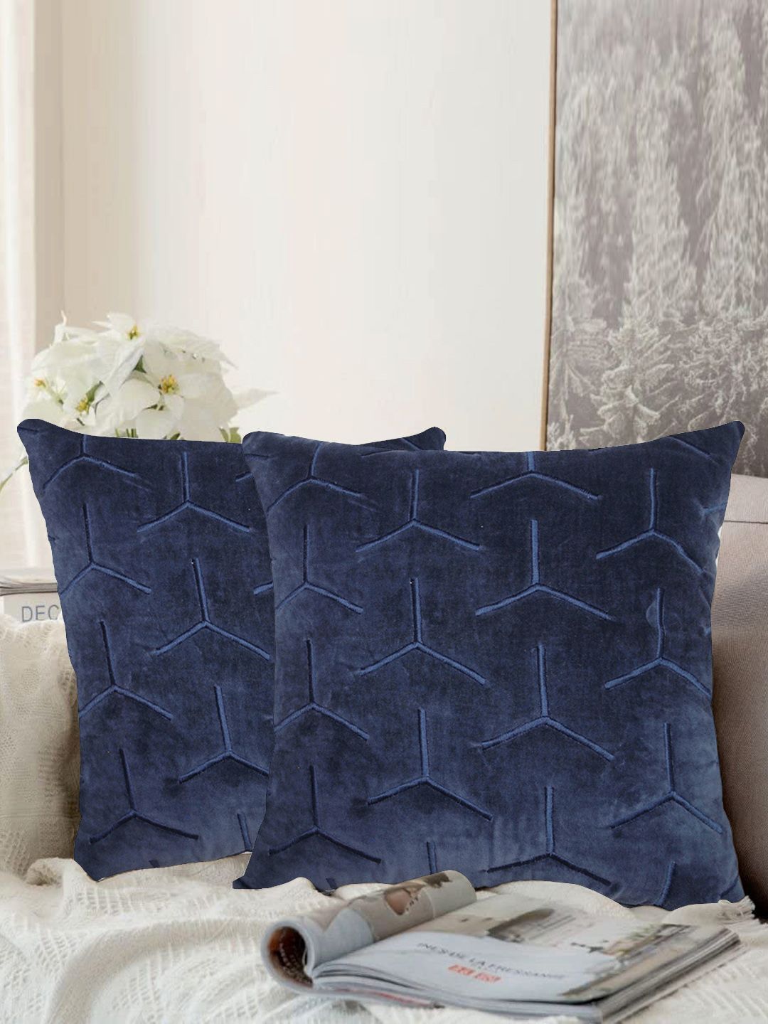 aRDENMEAD Set of 2 Navy Blue Embroidered Square Cushion Covers Price in India