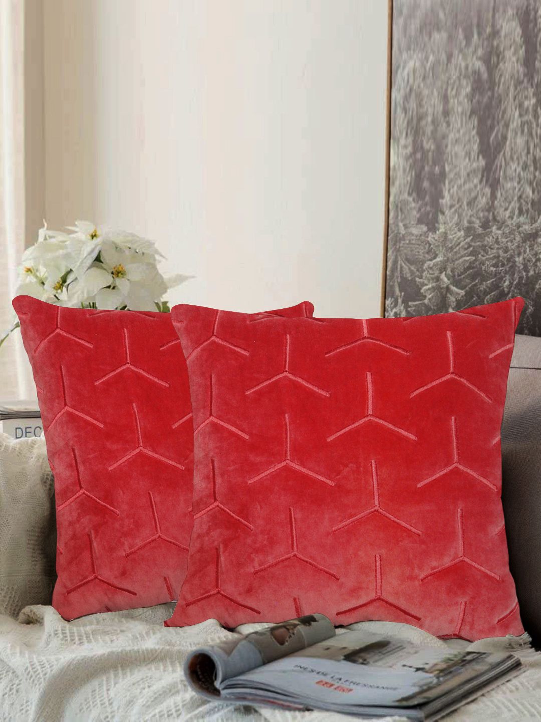 aRDENMEAD Set of 2 Red Embroidered Square Cushion Covers Price in India
