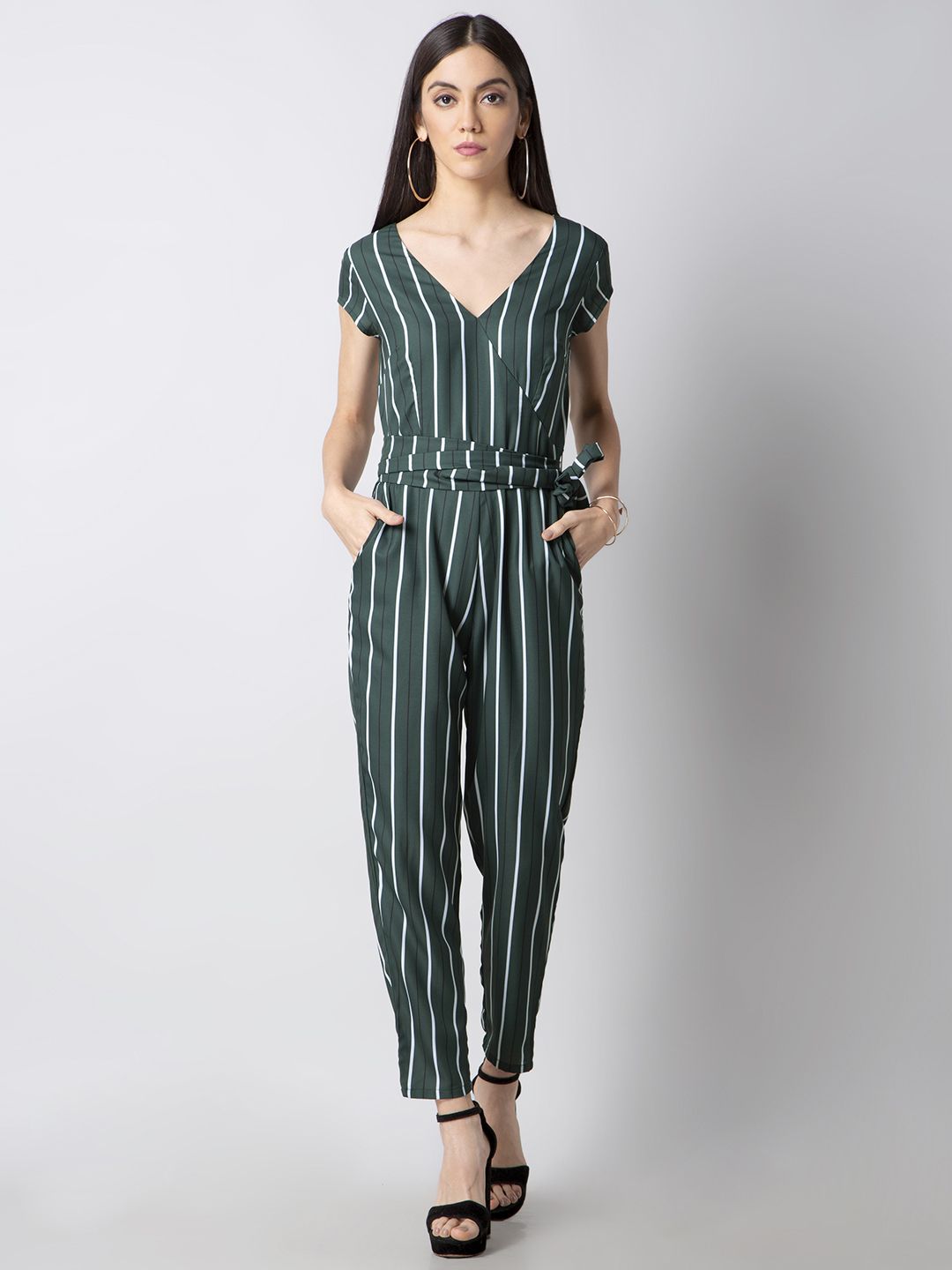 FabAlley Women Green & White Striped Basic Jumpsuit Price in India