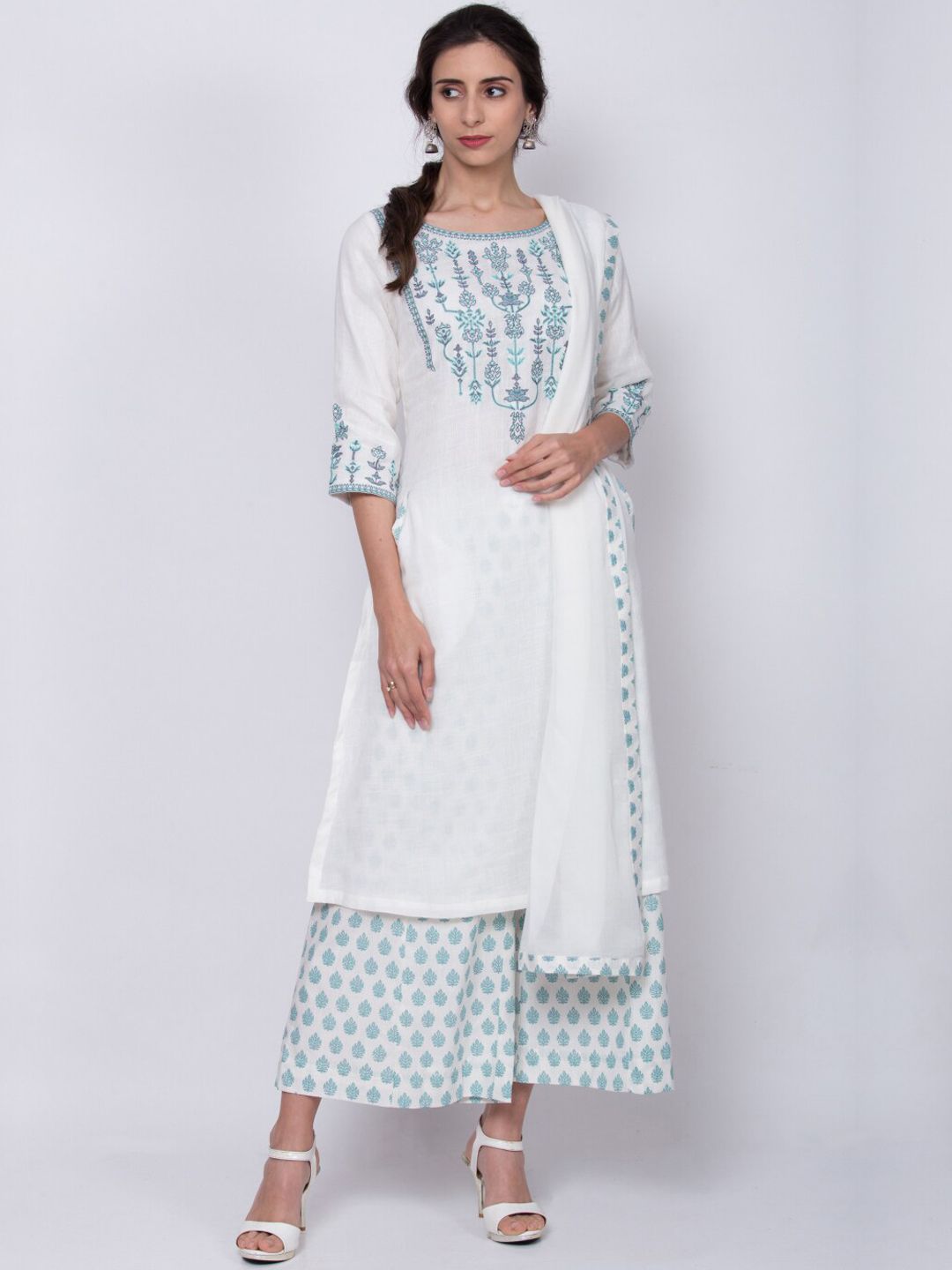 Biba Women Off-White Printed Kurta with Palazzos & Dupatta