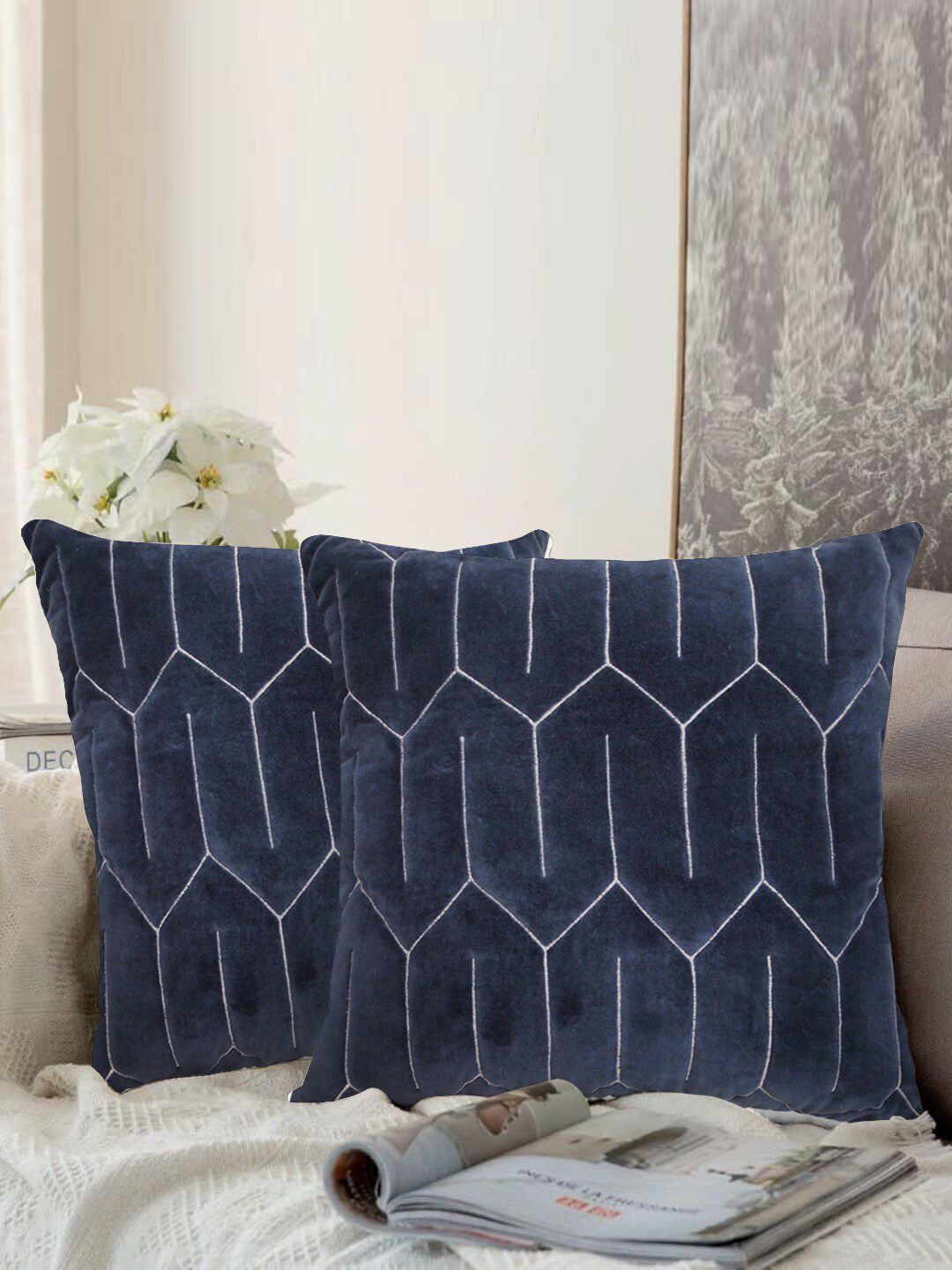 aRDENMEAD Navy Blue Set of 2 Embroidered Square Cushion Covers Price in India
