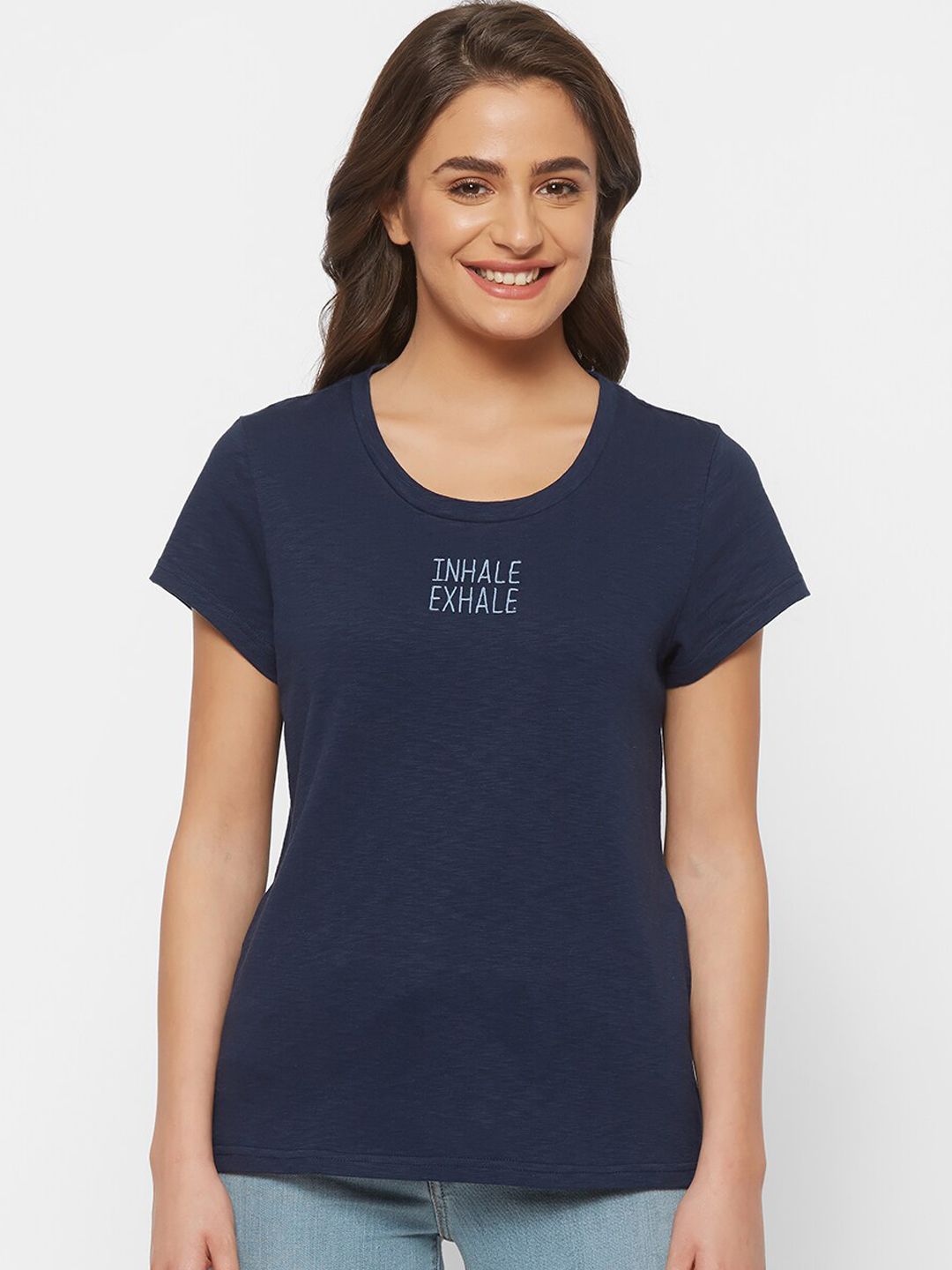 Mystere Paris Women Navy Blue Embroidered Round Neck Lounge T-shirt Price in India