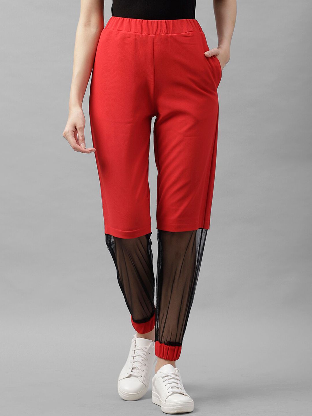 Athena Women Red & Black Loose Fit Solid Joggers Price in India