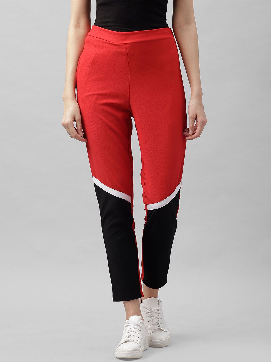 Athena Women Red & Black Skinny Fit Printed Regular Trousers Price in India