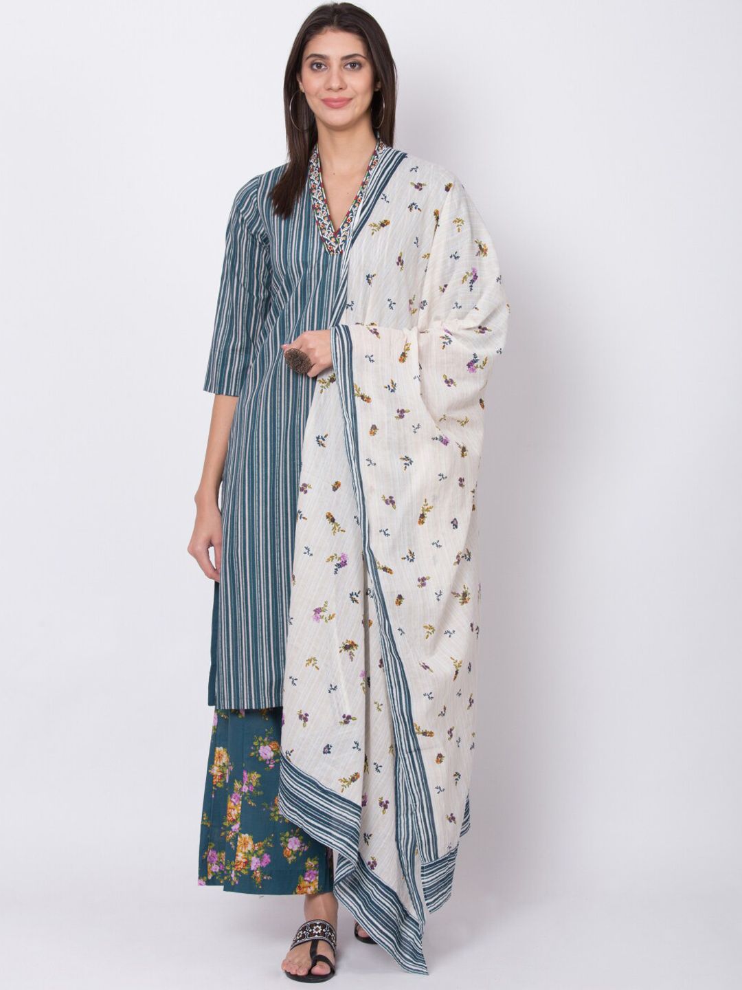 Biba Women Teal Blue & White Striped Kurta with Palazzos & Dupatta