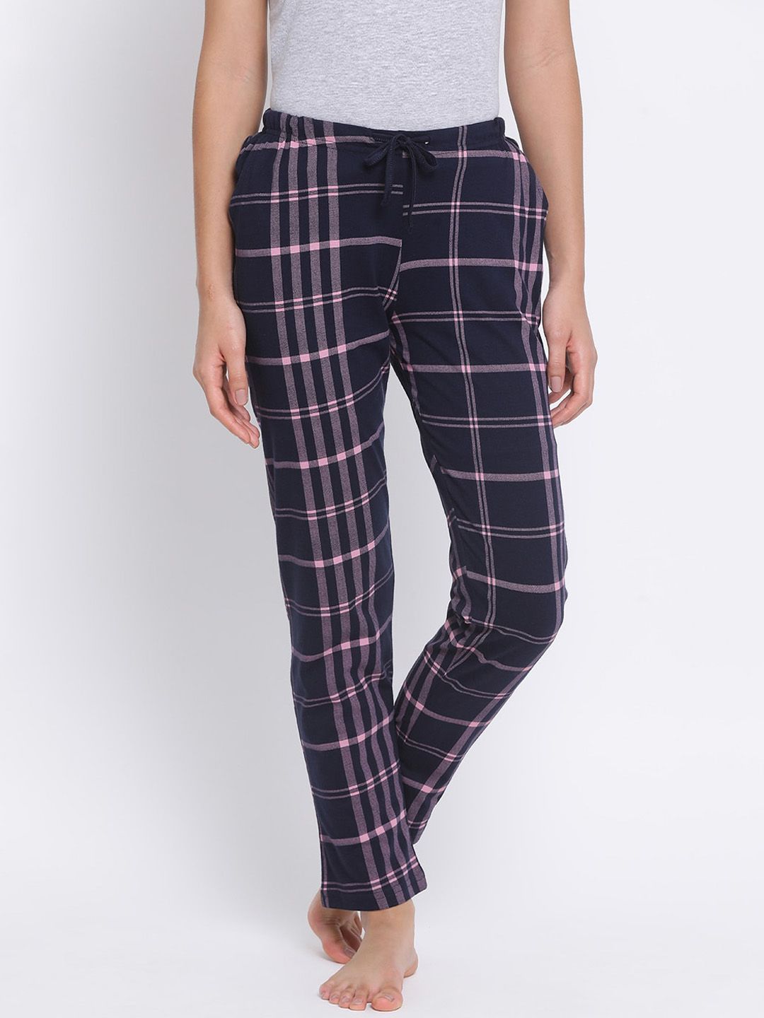 Kanvin Women Navy Blue & Pink Checked Lounge Pants PJ1100 Price in India