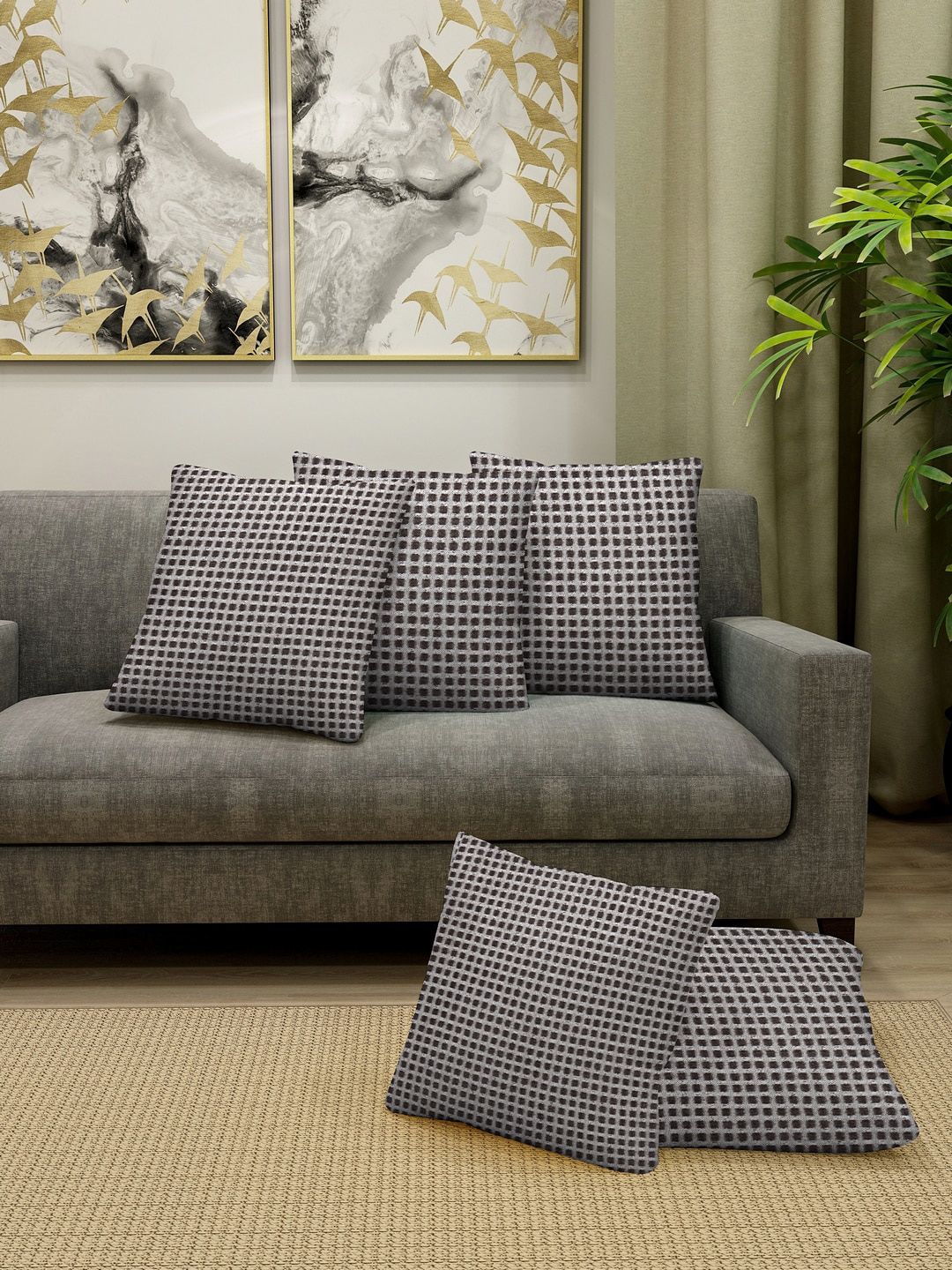 KLOTTHE Set Of 5 Brown & White Checked Cushions Price in India