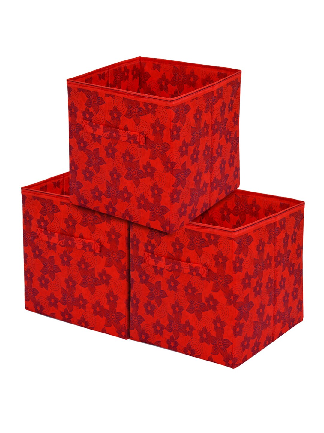 Kuber Industries Set Of 3 Red & Black Printed Large Storage Cubes With Handle Price in India
