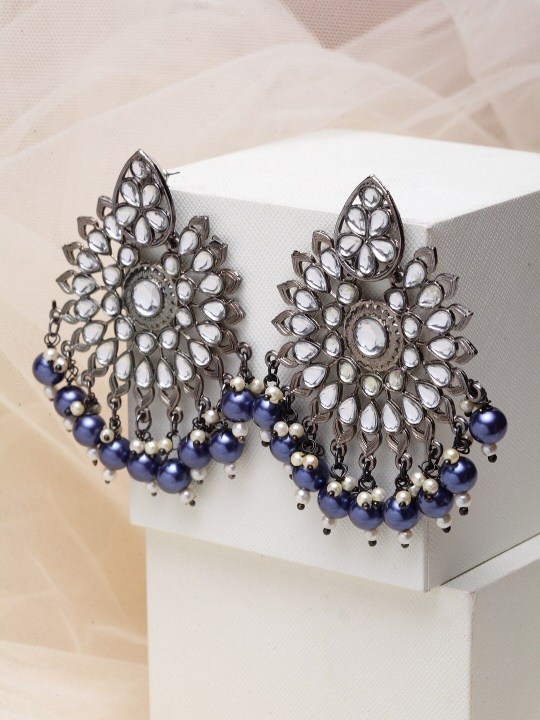 PANASH Blue & Silver-Toned Rhodium-Plated Handcrafted Kundan Classic Drop Earrings Price in India