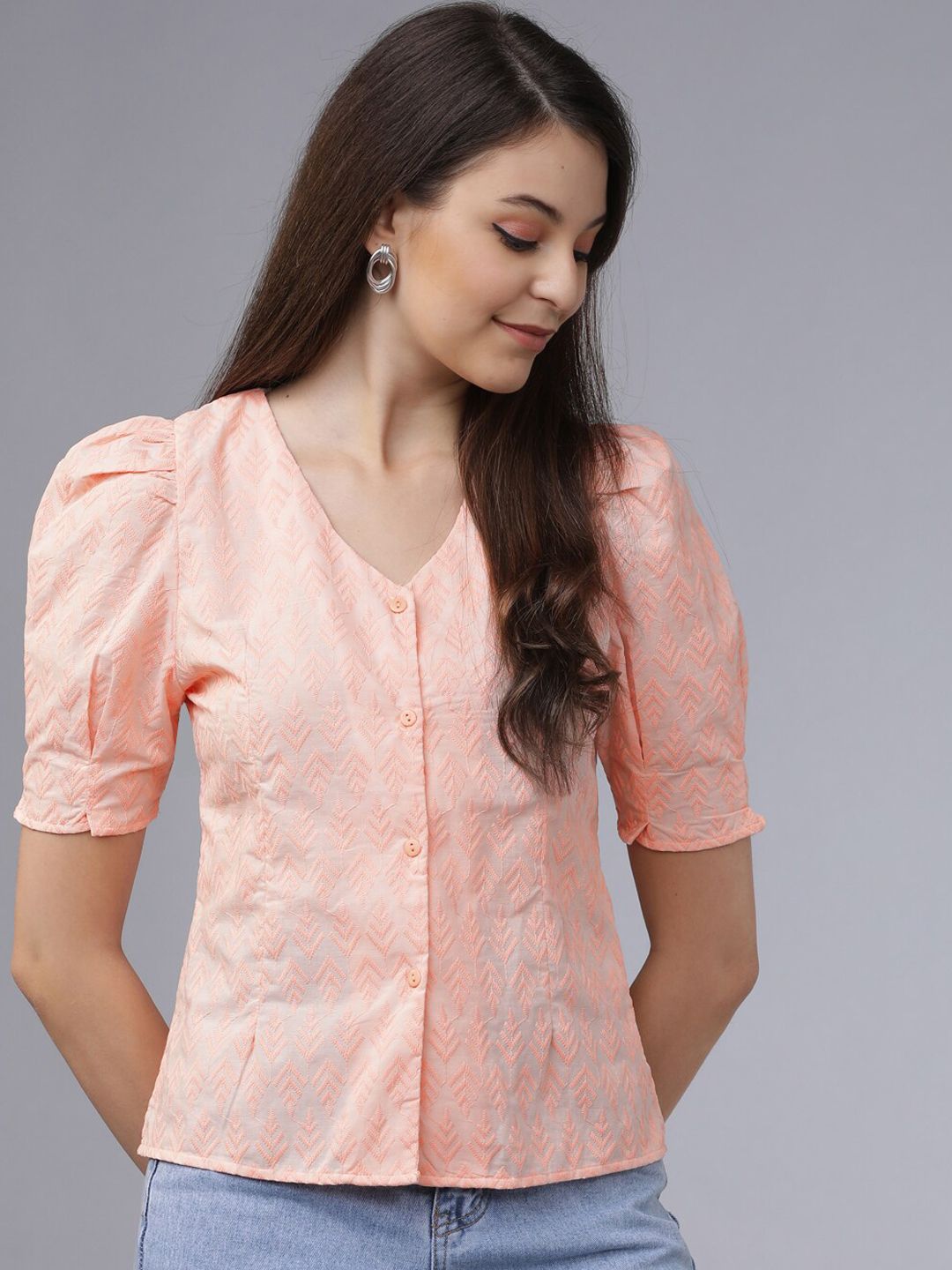 Tokyo Talkies Peach Embroidered Shirt Style Top Price in India