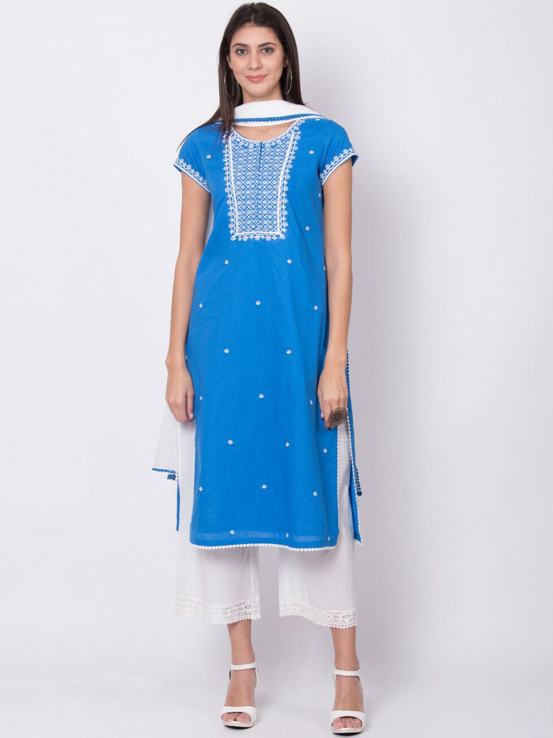 Biba Women Blue & White Yoke Design Kurta with Palazzos & Dupatta