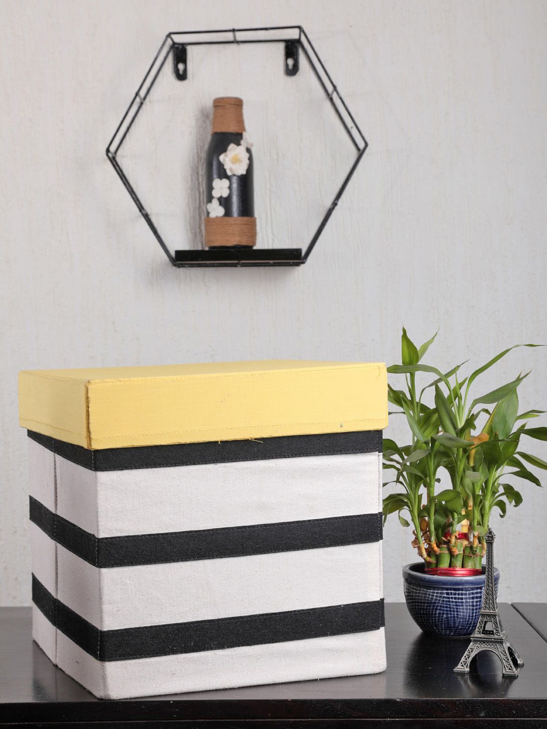 My Gift Booth Cream-Coloured & Yellow Striped Storage Box With Lid Price in India