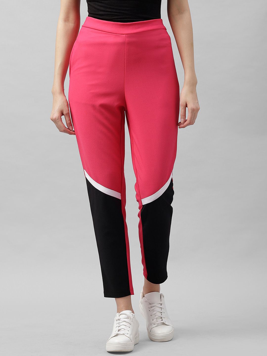 Athena Women Fuchsia & Black Colourblocked Skinny Fit Regular Trousers Price in India