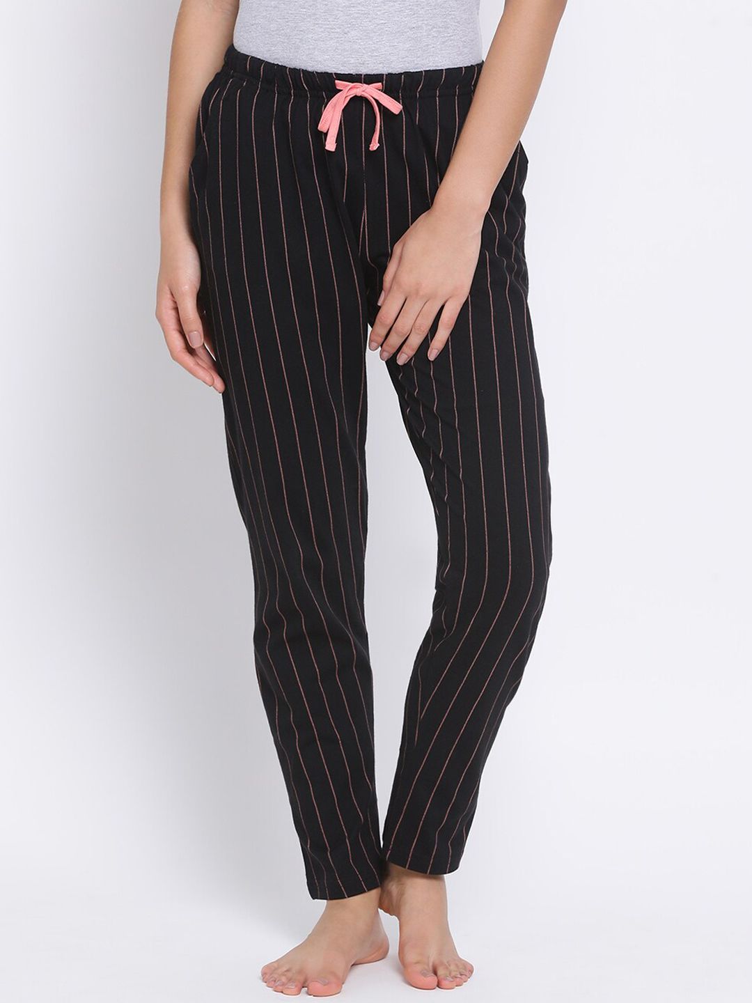 Kanvin Women Black & Pink Striped Lounge Pants Price in India
