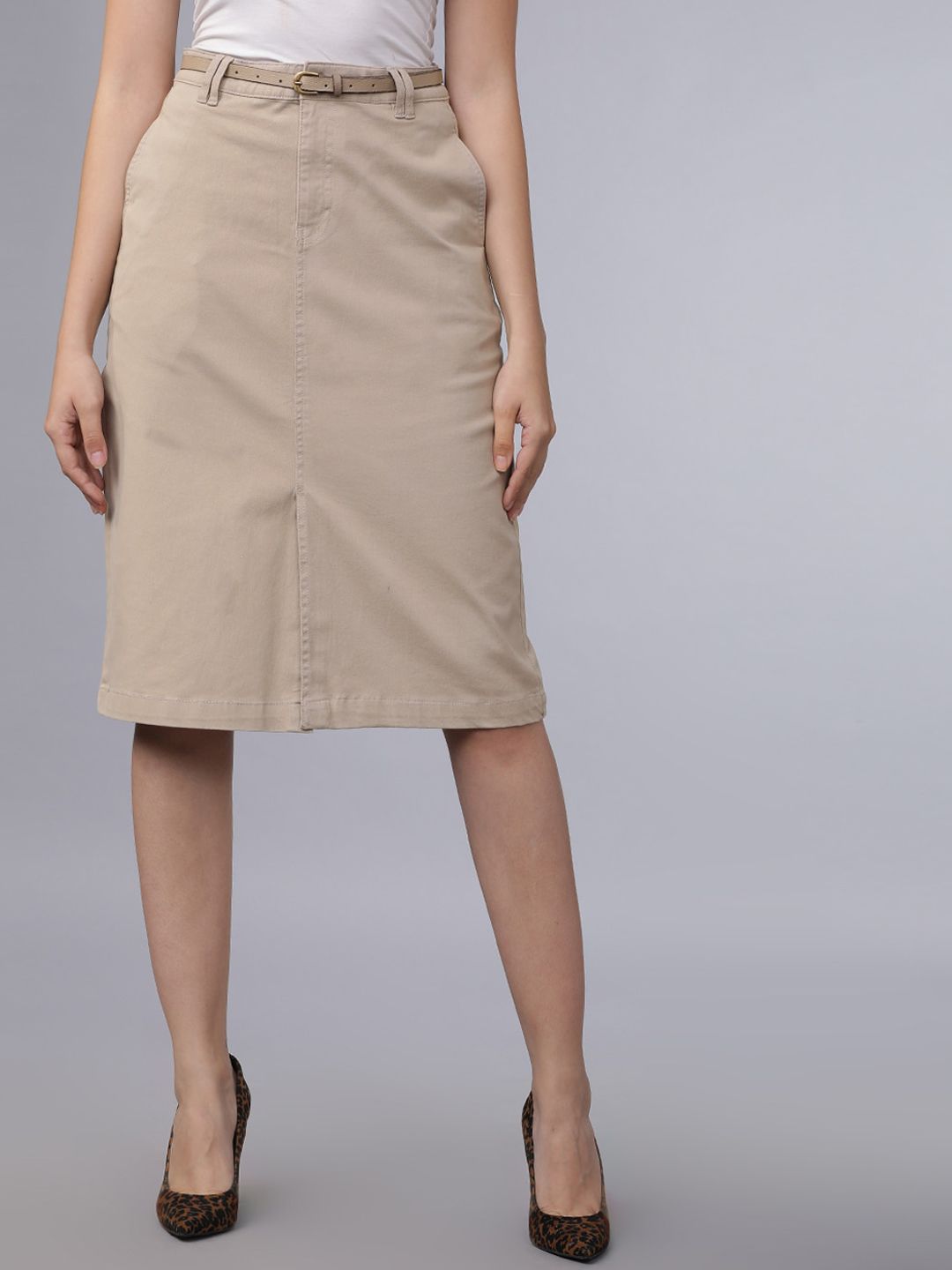 Tokyo Talkies Women Beige Solid Straight Skirt with Belt