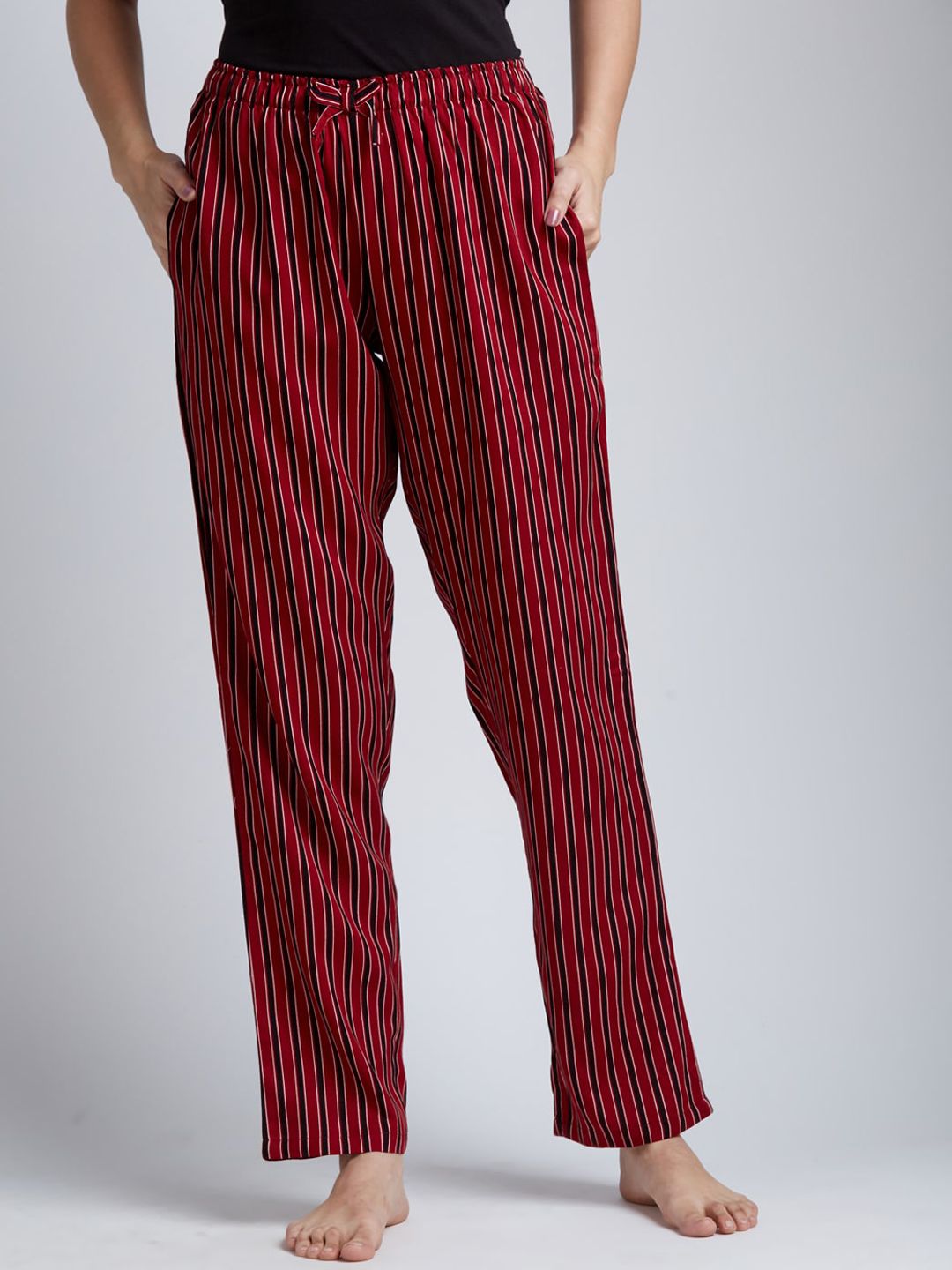 DRAPE IN VOGUE Women Red & Black Striped Lounge Pants Price in India