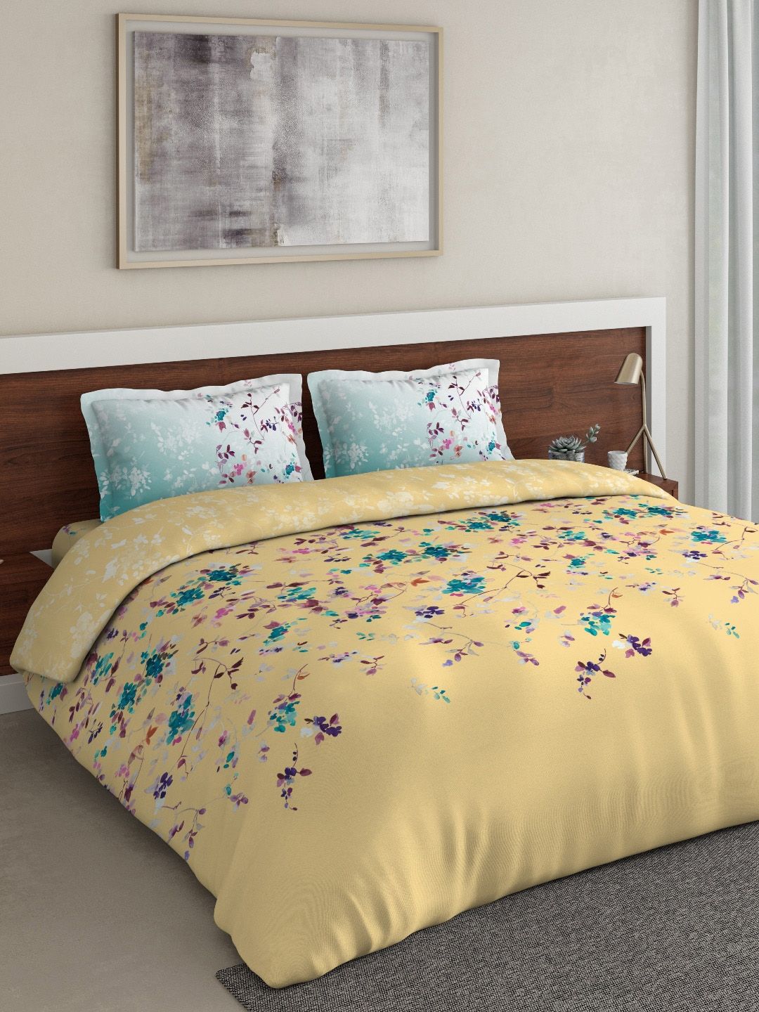 DDecor Yellow & Blue Floral Printed Double Queen Bedding Set Price in India