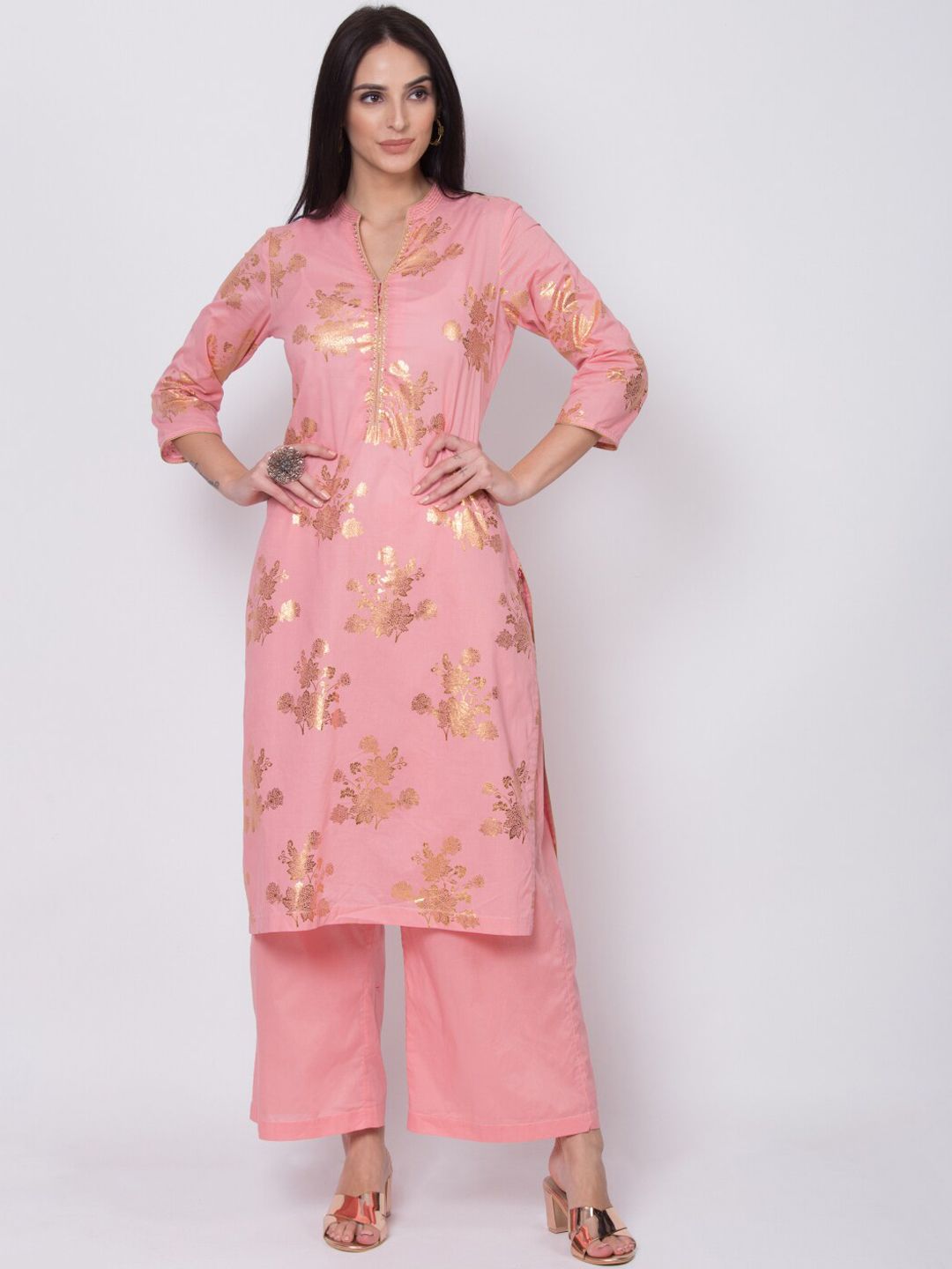 Biba Women Pink & Gold-Toned Printed Kurta with Palazzos