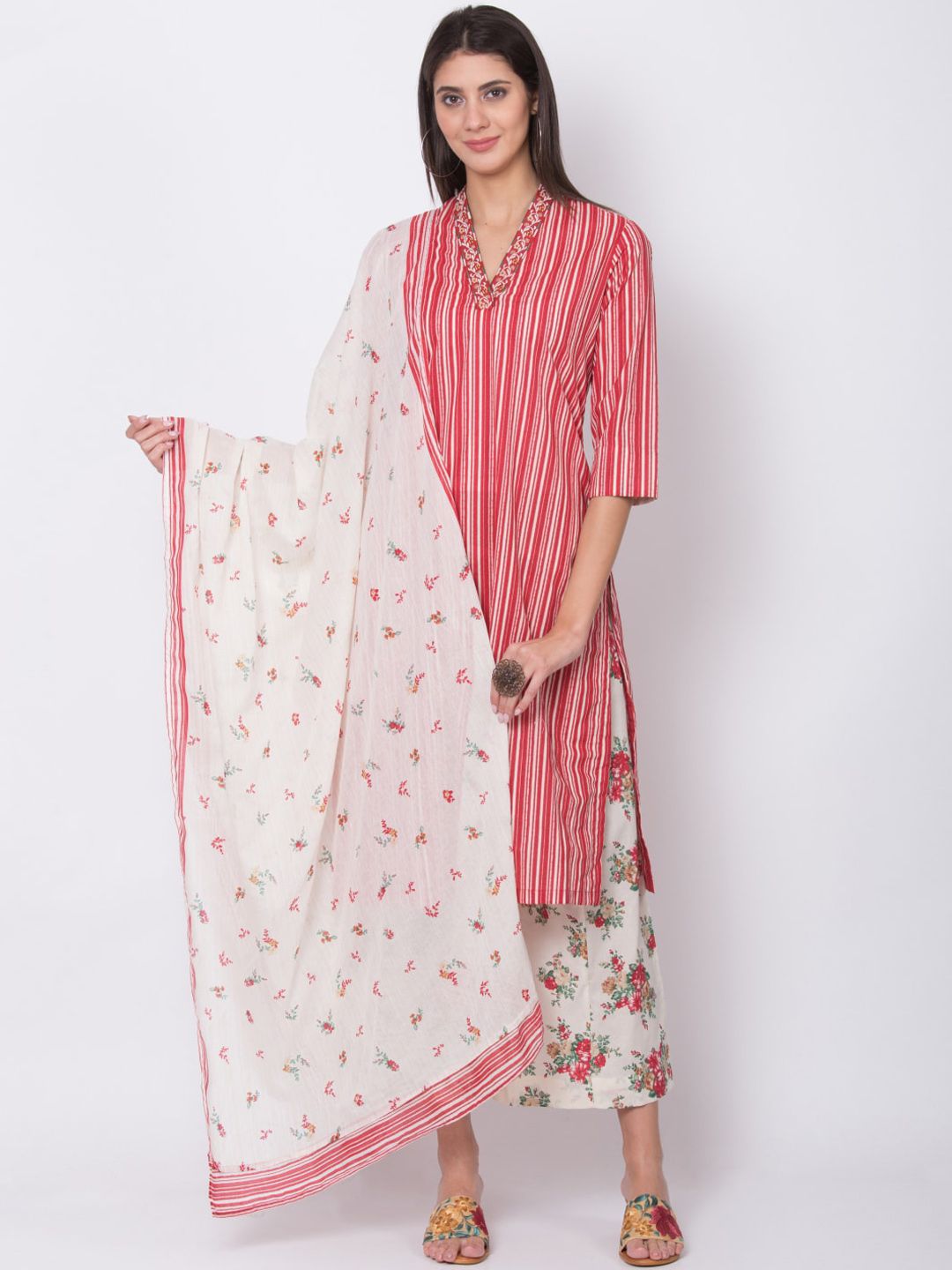 Biba Women Red & White Striped Kurta with Palazzos & Dupatta