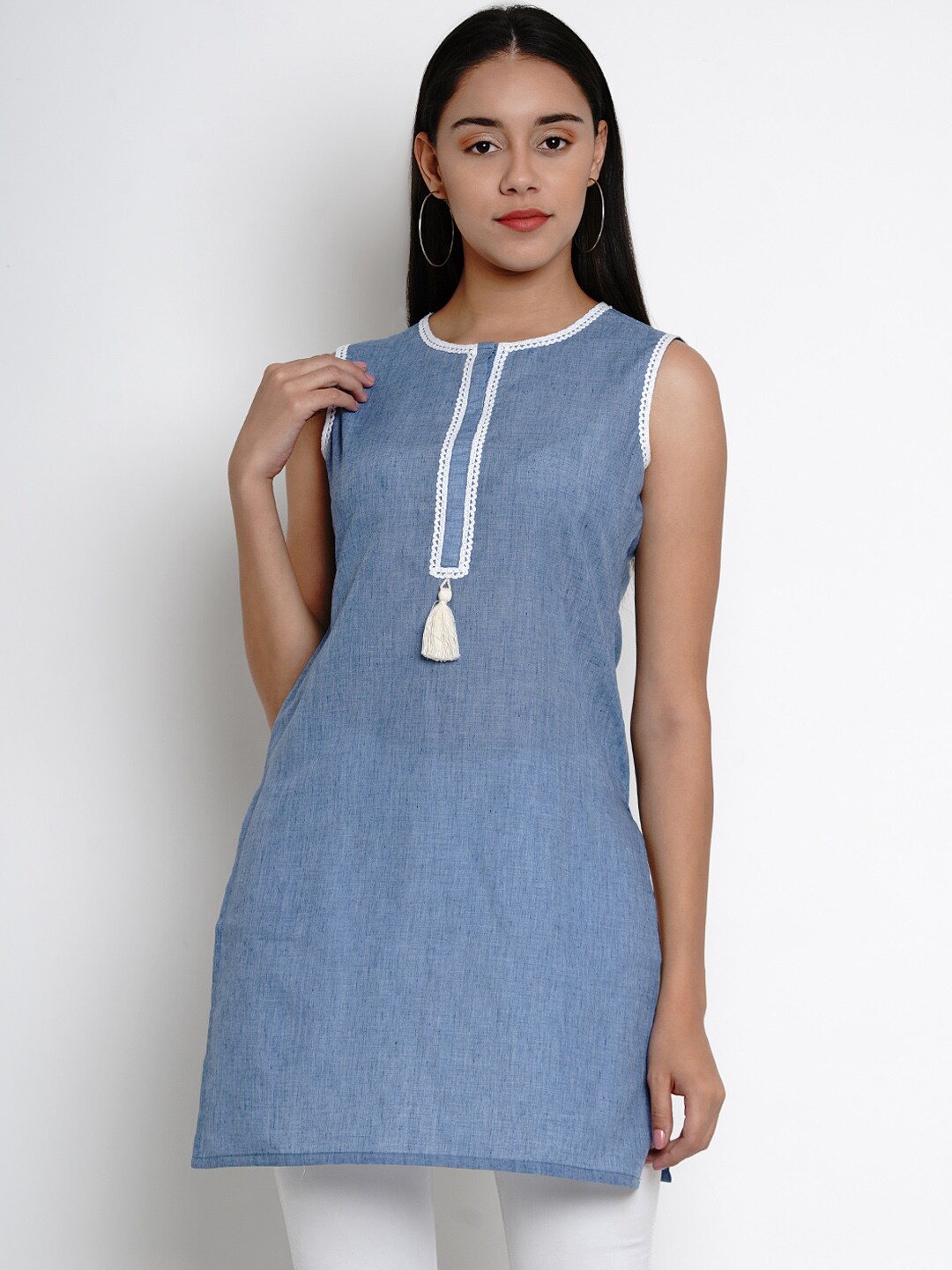 Bhama Couture Women Blue & White Lace Detailing Pure Cotton Straight Kurti Price in India