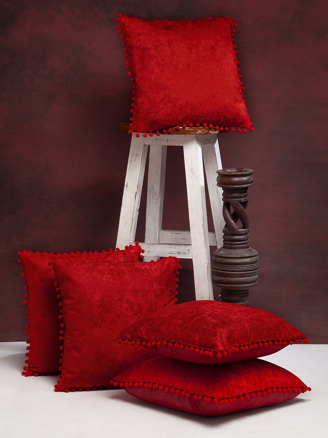HOSTA HOMES Set of 5 Red Solid Square Velvet Cushion Covers Price in India