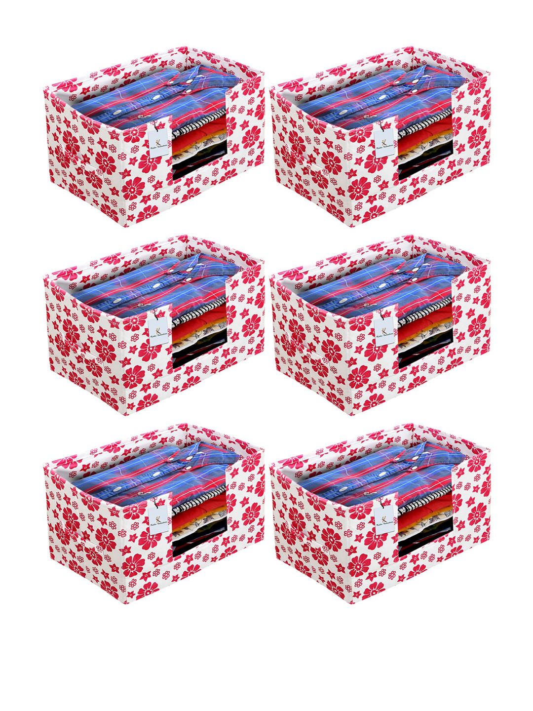 Kuber Industries Set Of 6 White & Pink Flower Printed Shirt Stacker Organisers With Handles Price in India