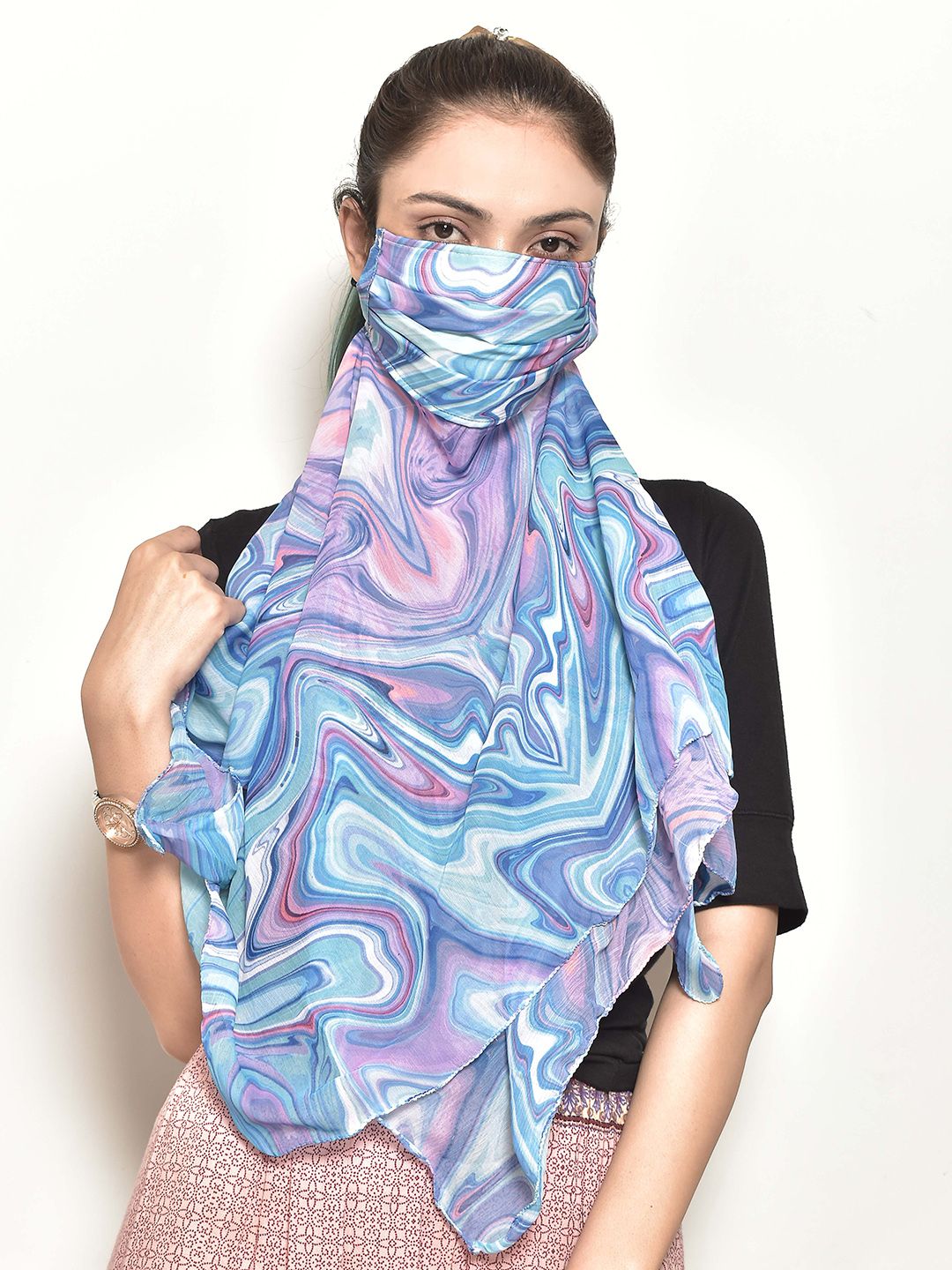 SWAYAM Women Pink & Blue Printed 3-Ply Reusable Scarf Style Cloth Mask Price in India