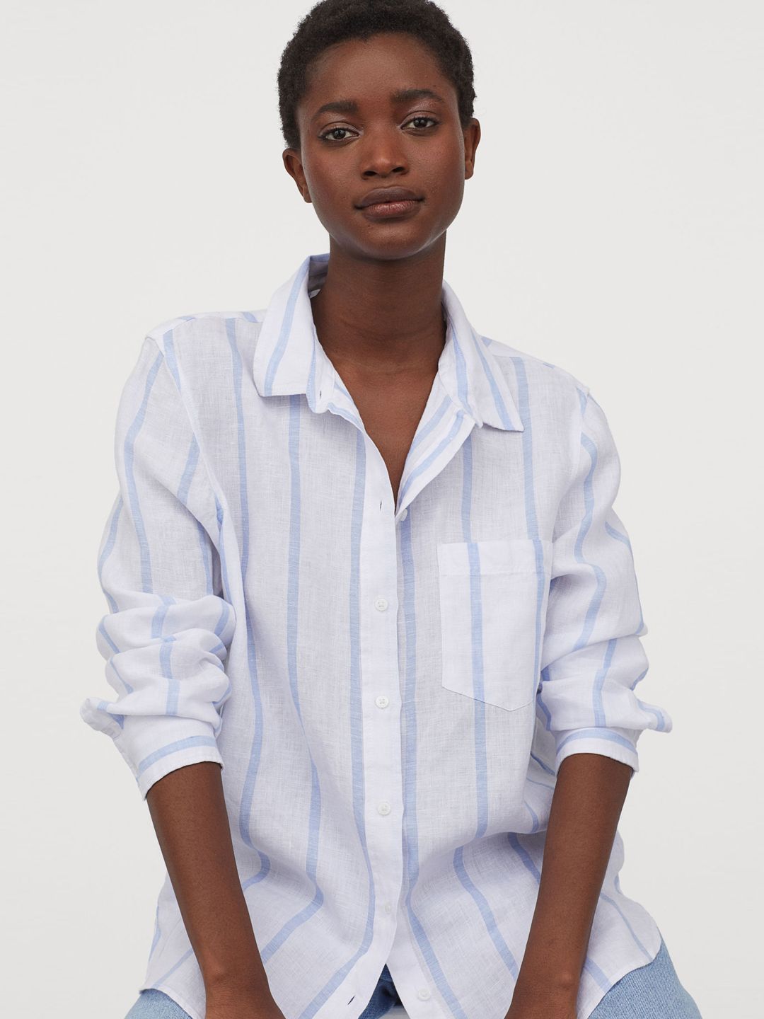 H&M Women Blue & White Linen Shirt