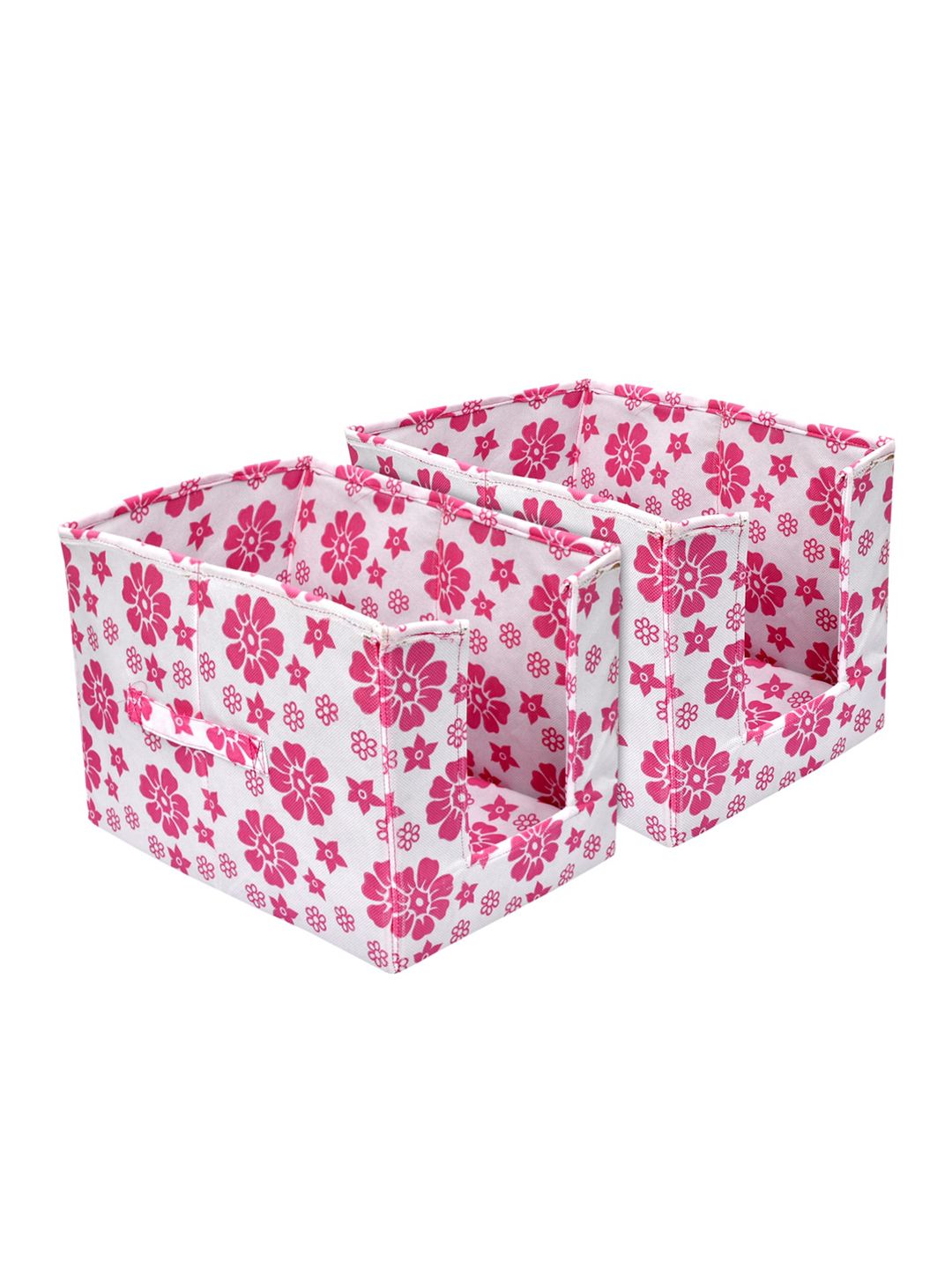 Kuber Industries Set Of 2 White & Pink Flower Printed Shirt Stacker Organisers With Handles Price in India